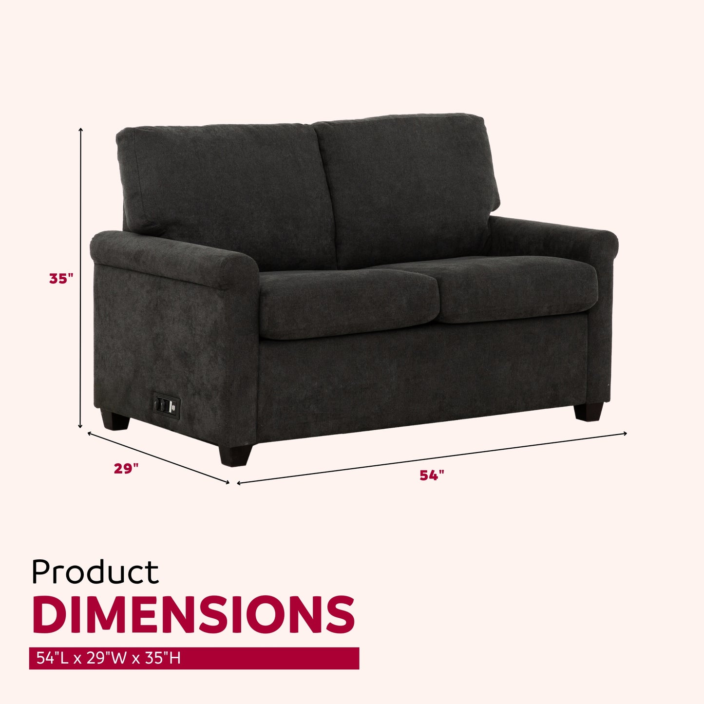 Dark gray fabric sofa with plush cushions and square arms  W