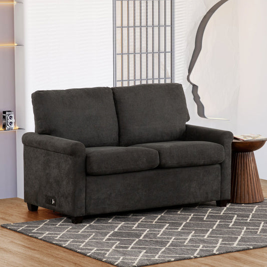 Dark gray upholstered loveseat with plush cushions and builtin USB charging port