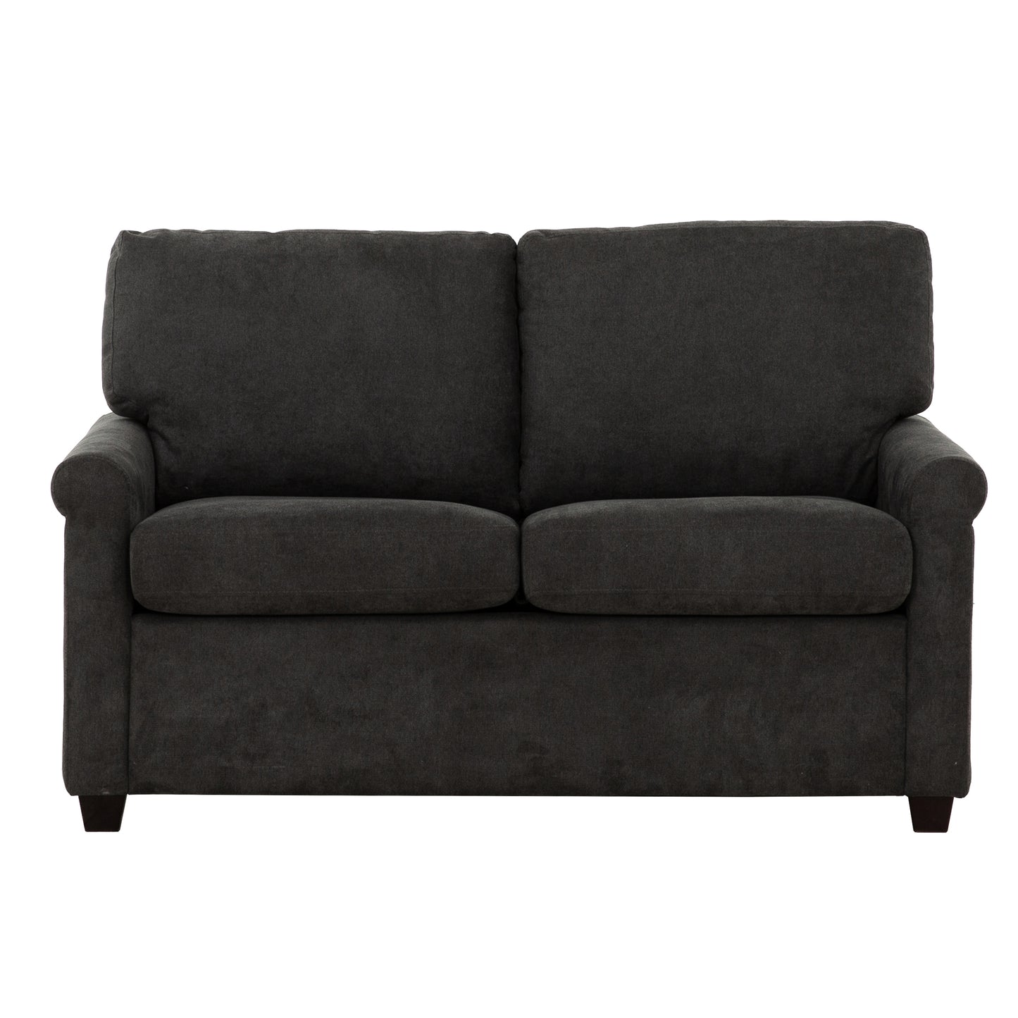 Dark gray fabric loveseat with two seat cushions and rolled arms