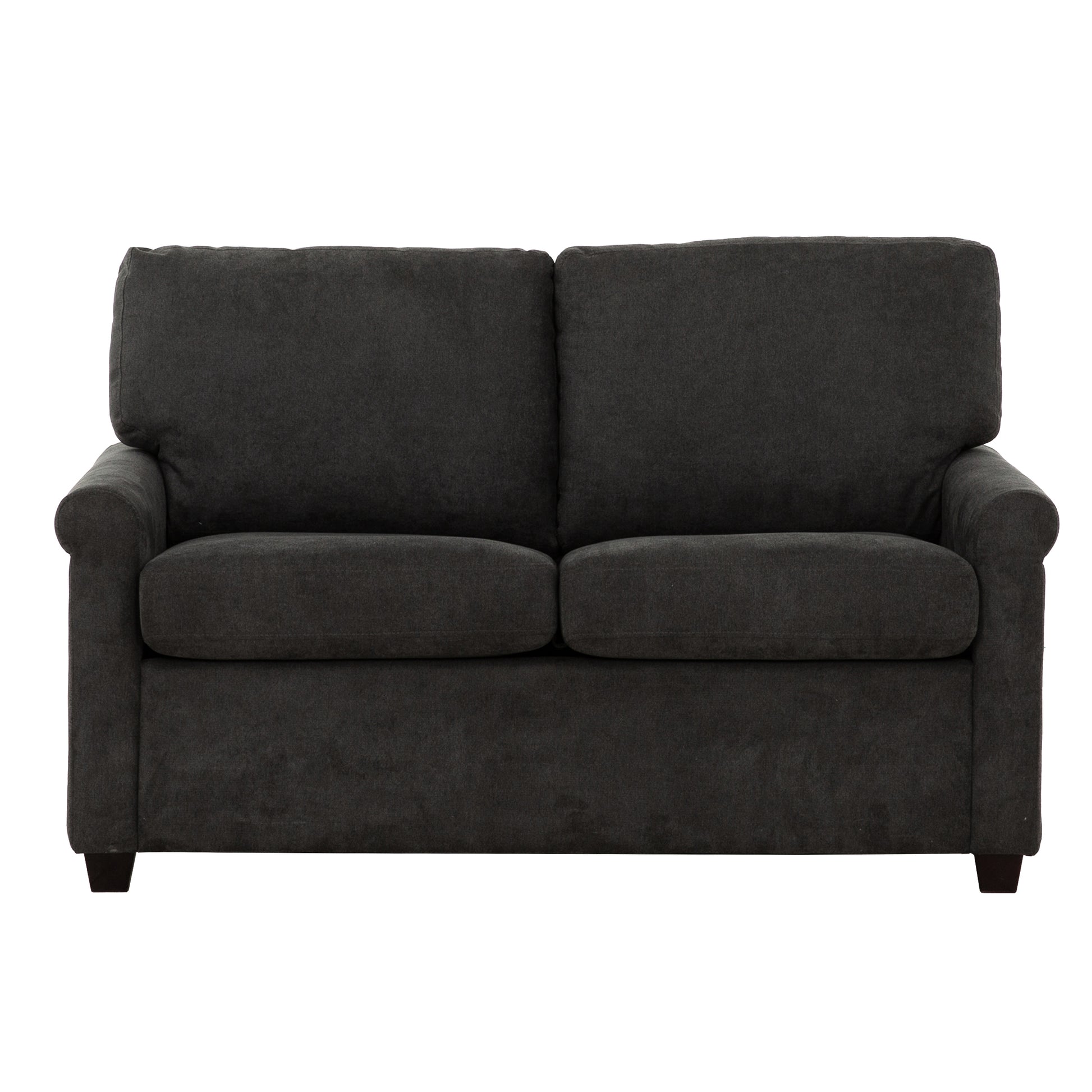 Dark gray fabric loveseat with two seat cushions and rolled arms
