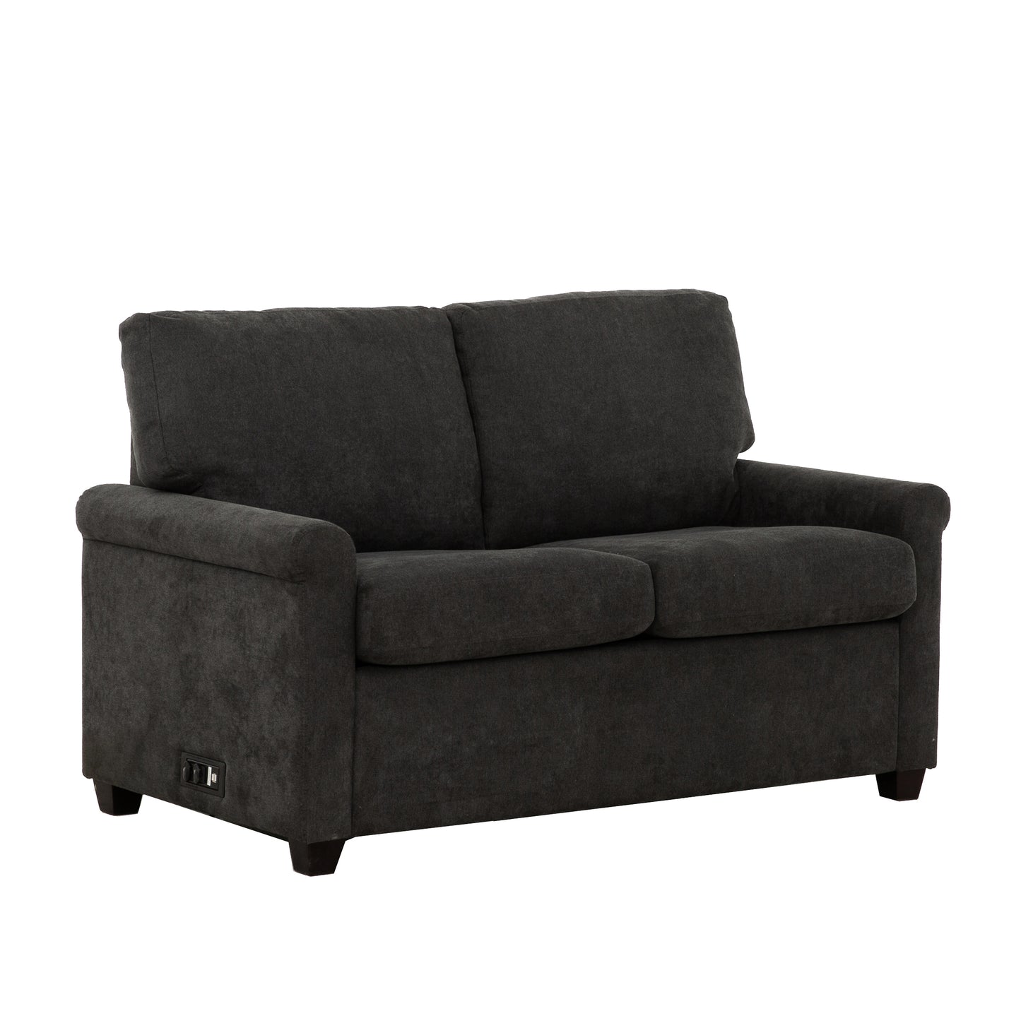 Dark grey fabric loveseat with plush cushions and a convenient USB charging port