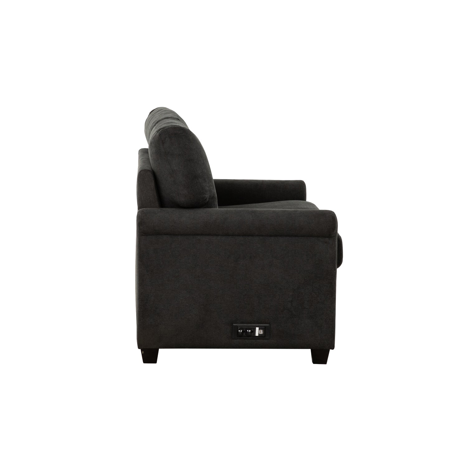 Dark gray upholstered sofa with builtin USB charging ports and power outlet