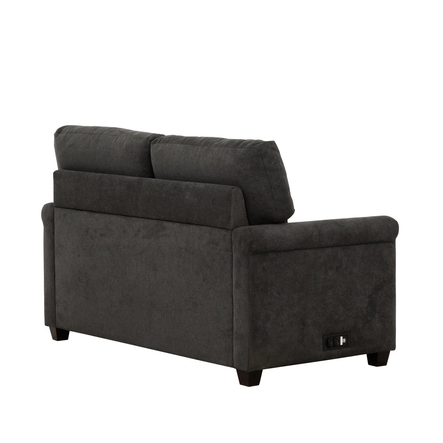 Dark grey fabric sofa with plush cushions and dark wooden legs featuring a recliner lever