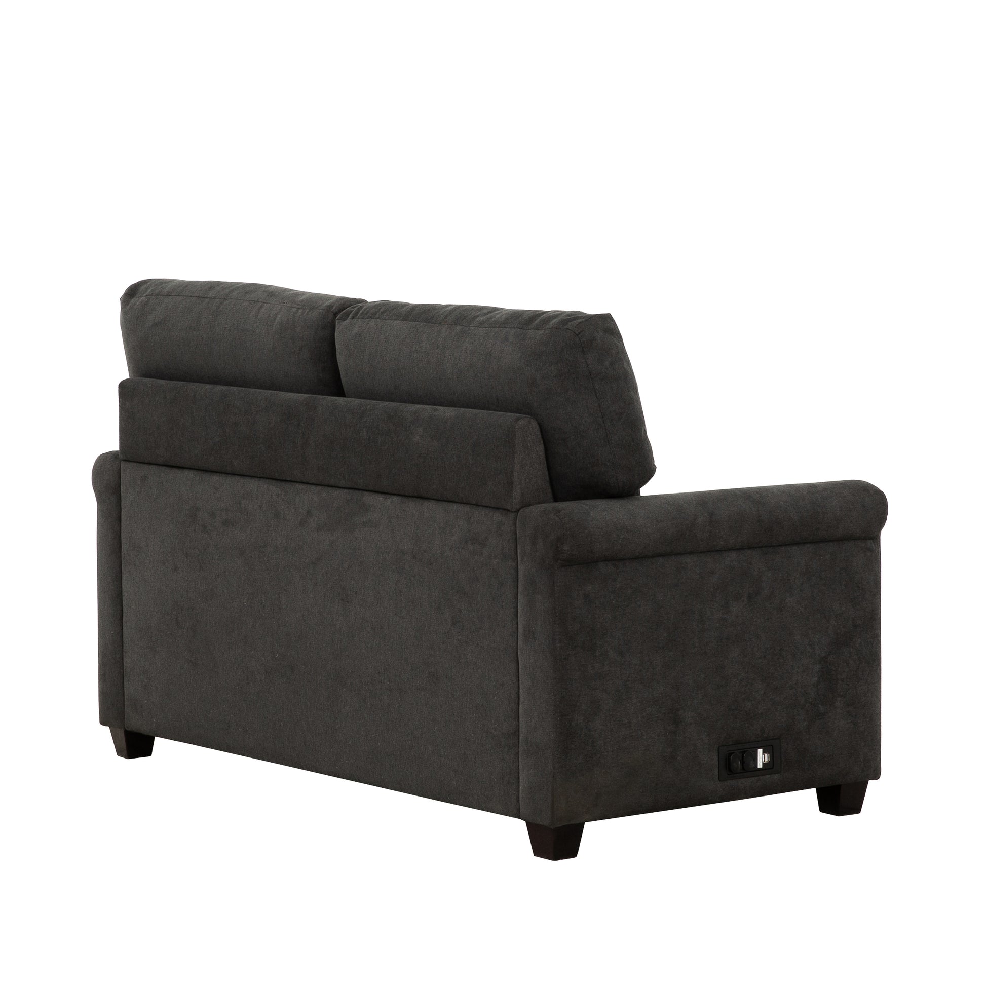 Dark grey fabric sofa with plush cushions and dark wooden legs featuring a recliner lever
