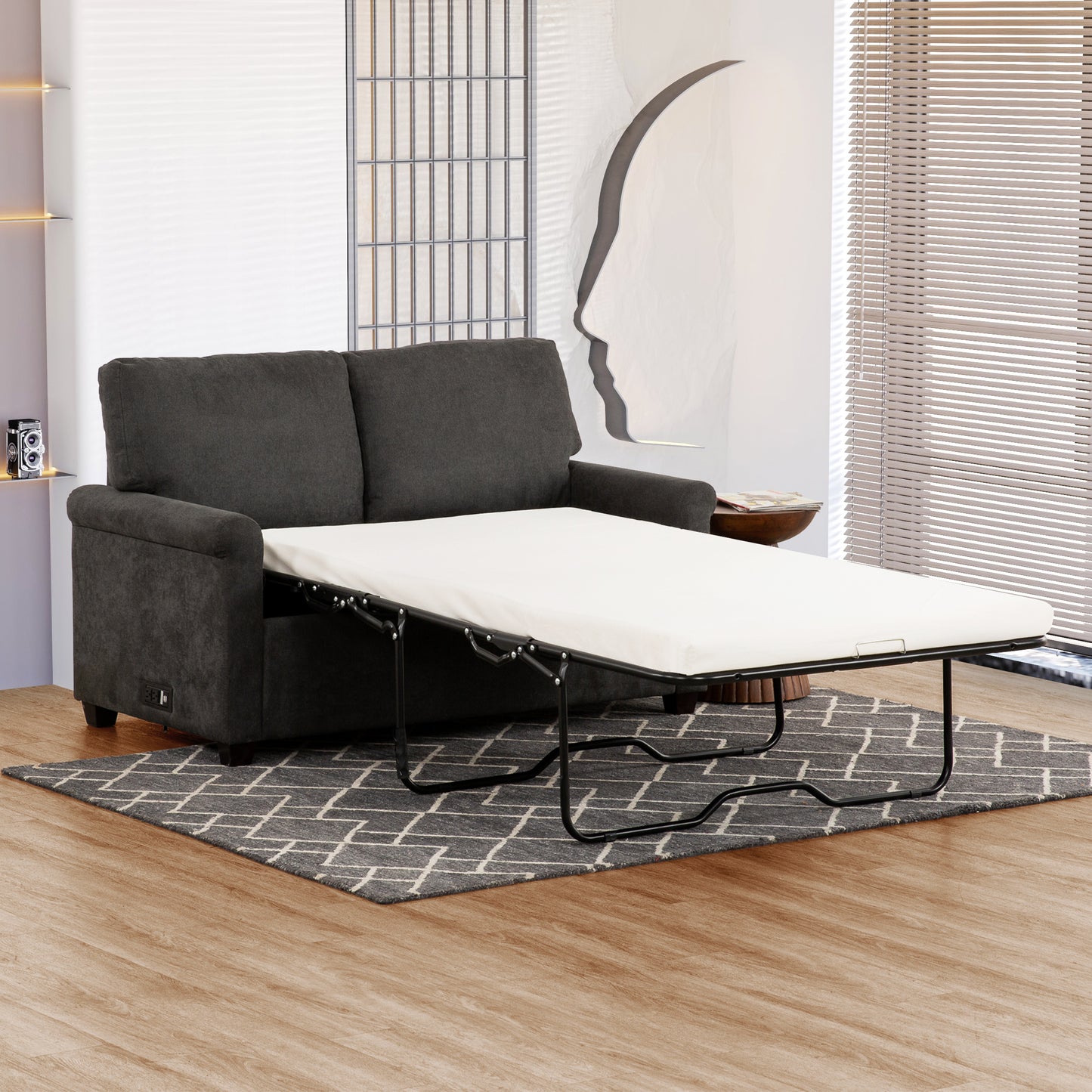 Dark gray fabric sofa bed with white mattress extended modern design