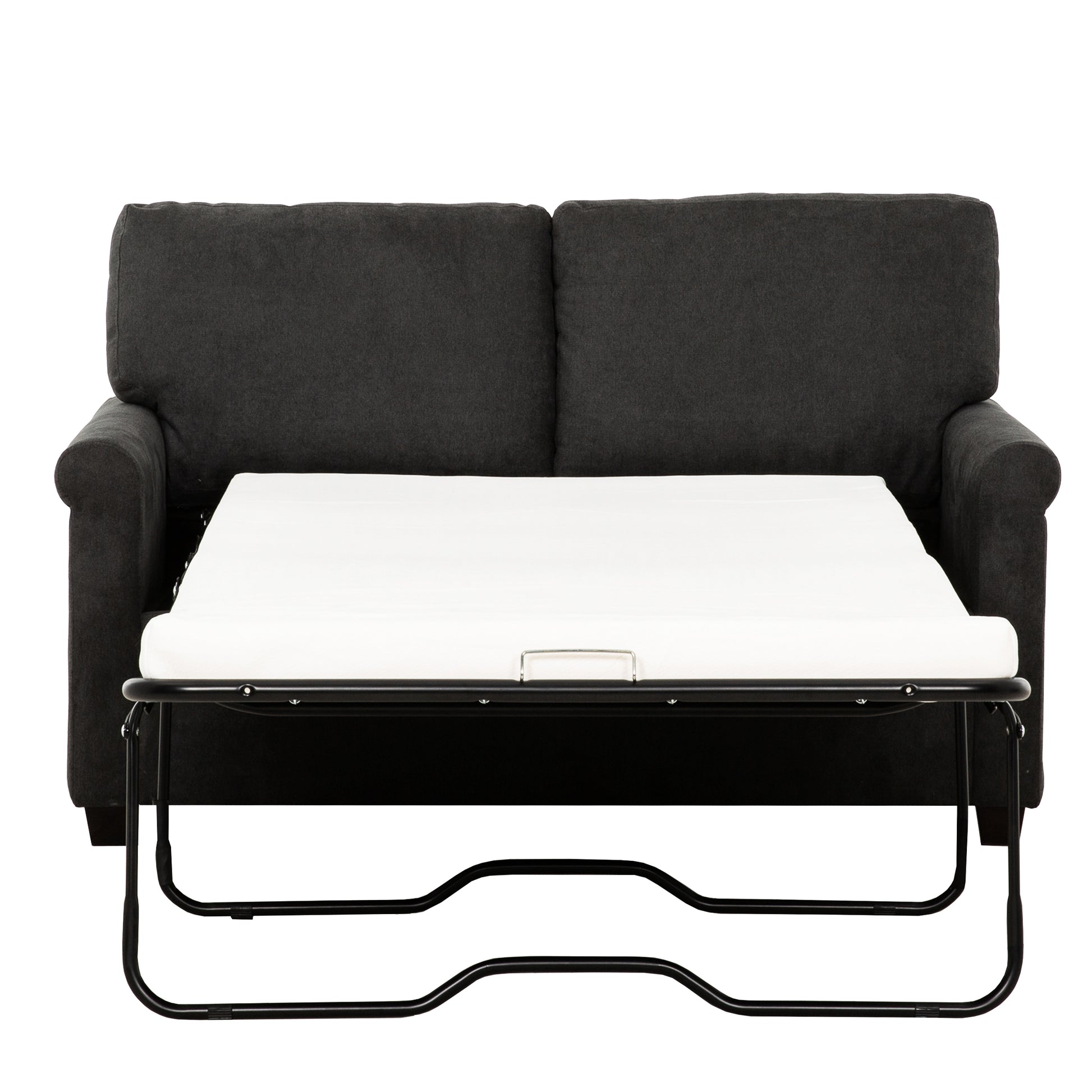 Dark gray upholstered sofa with pullout bed frame extended revealing white mattress