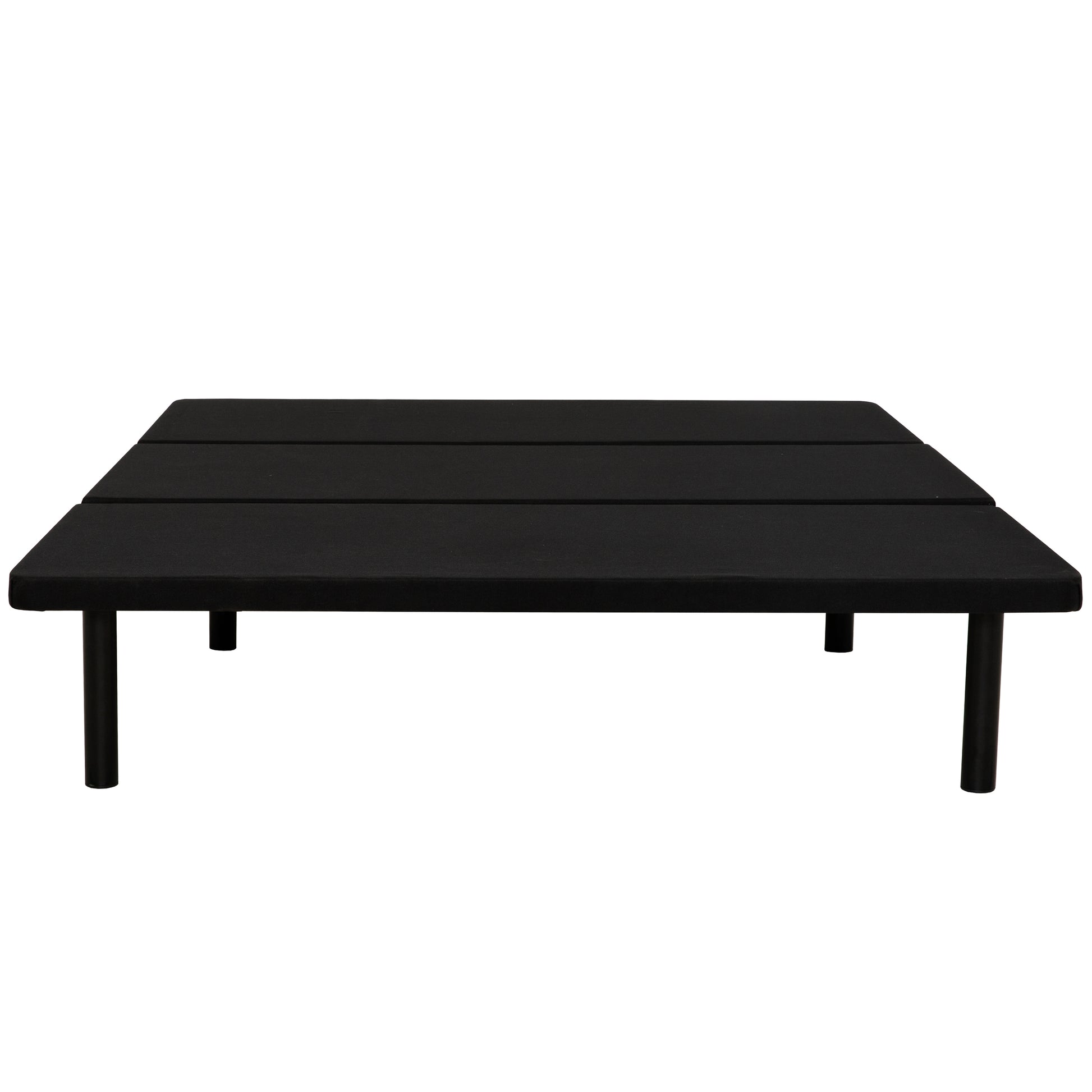Black upholstered platform bed frame with minimalist design and four cylindrical legs