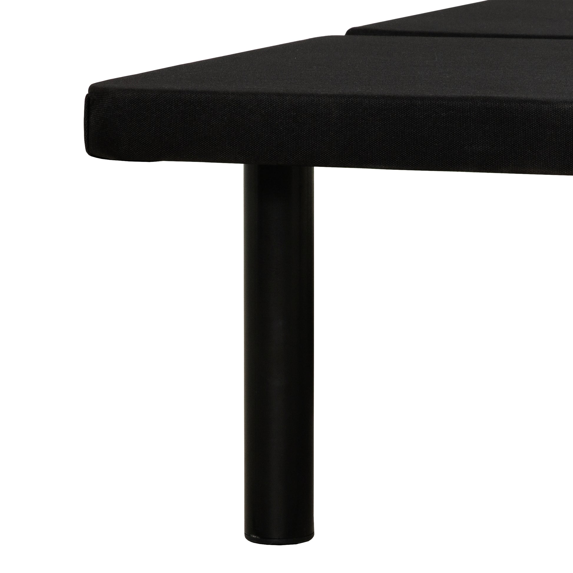 Black upholstered bed frame corner with a single metal leg support