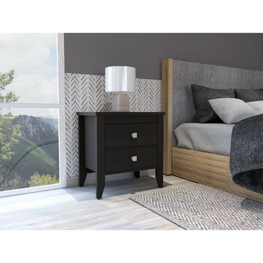 Black wooden nightstand with two drawers and silver knobs in bedroom setting