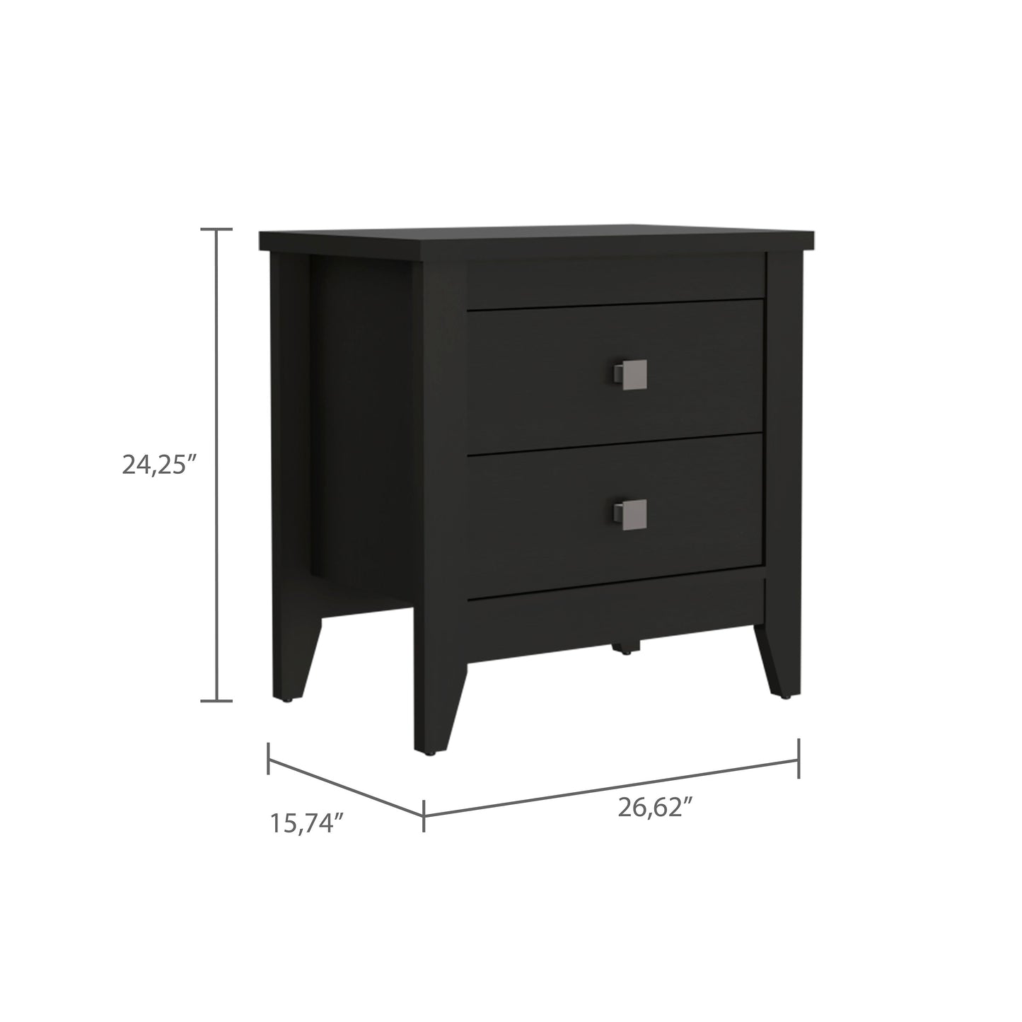 Black modern nightstand with two drawers and silver square pulls