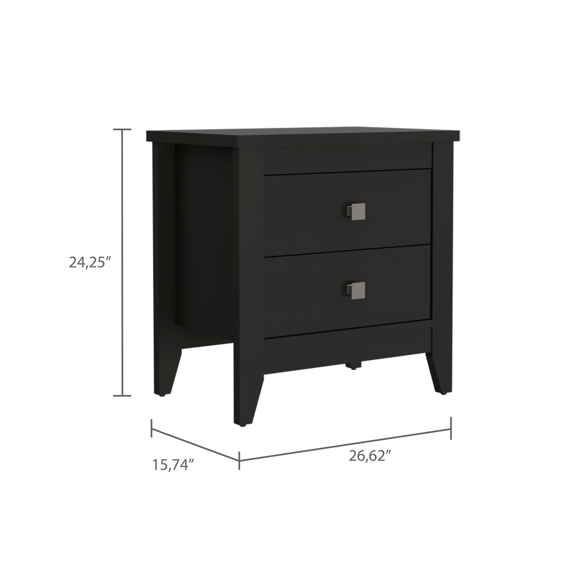 Black modern nightstand with two drawers and silver square pulls