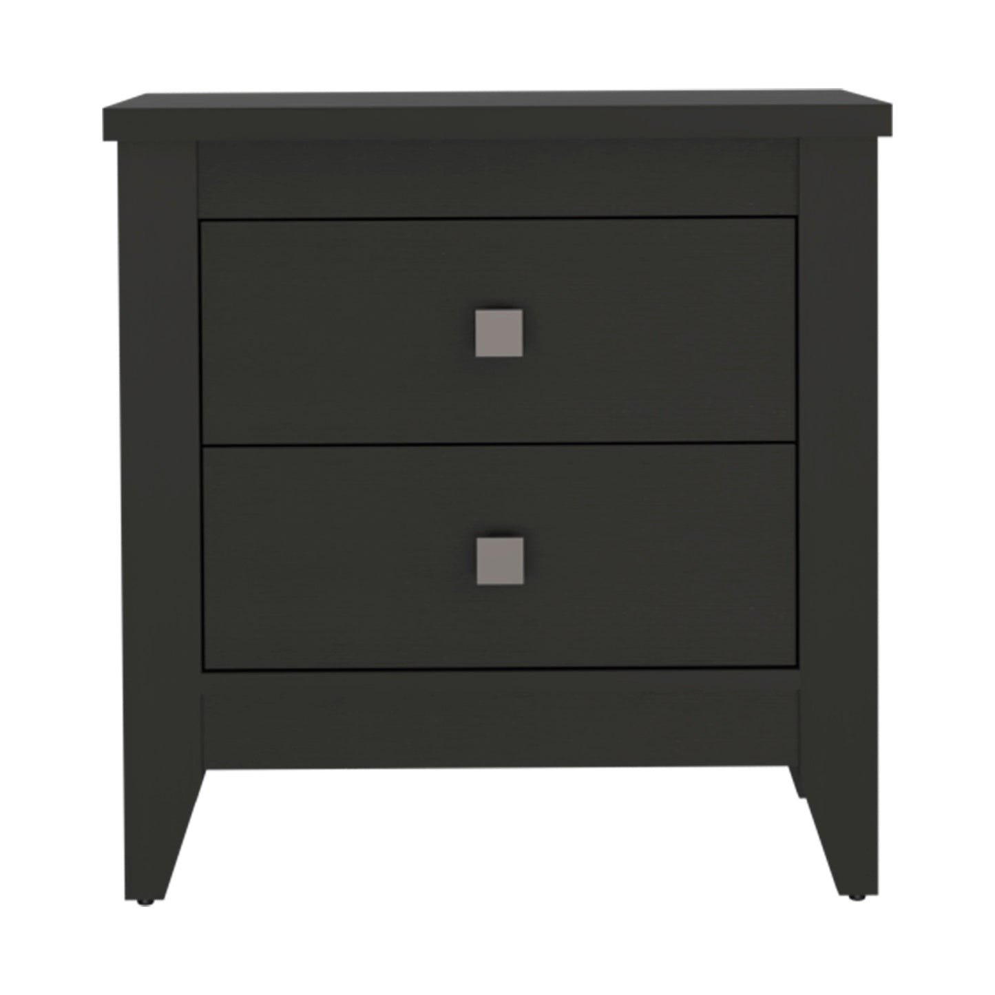 Dark grey modern nightstand with two drawers and silver square pulls ideal for bedroom storage