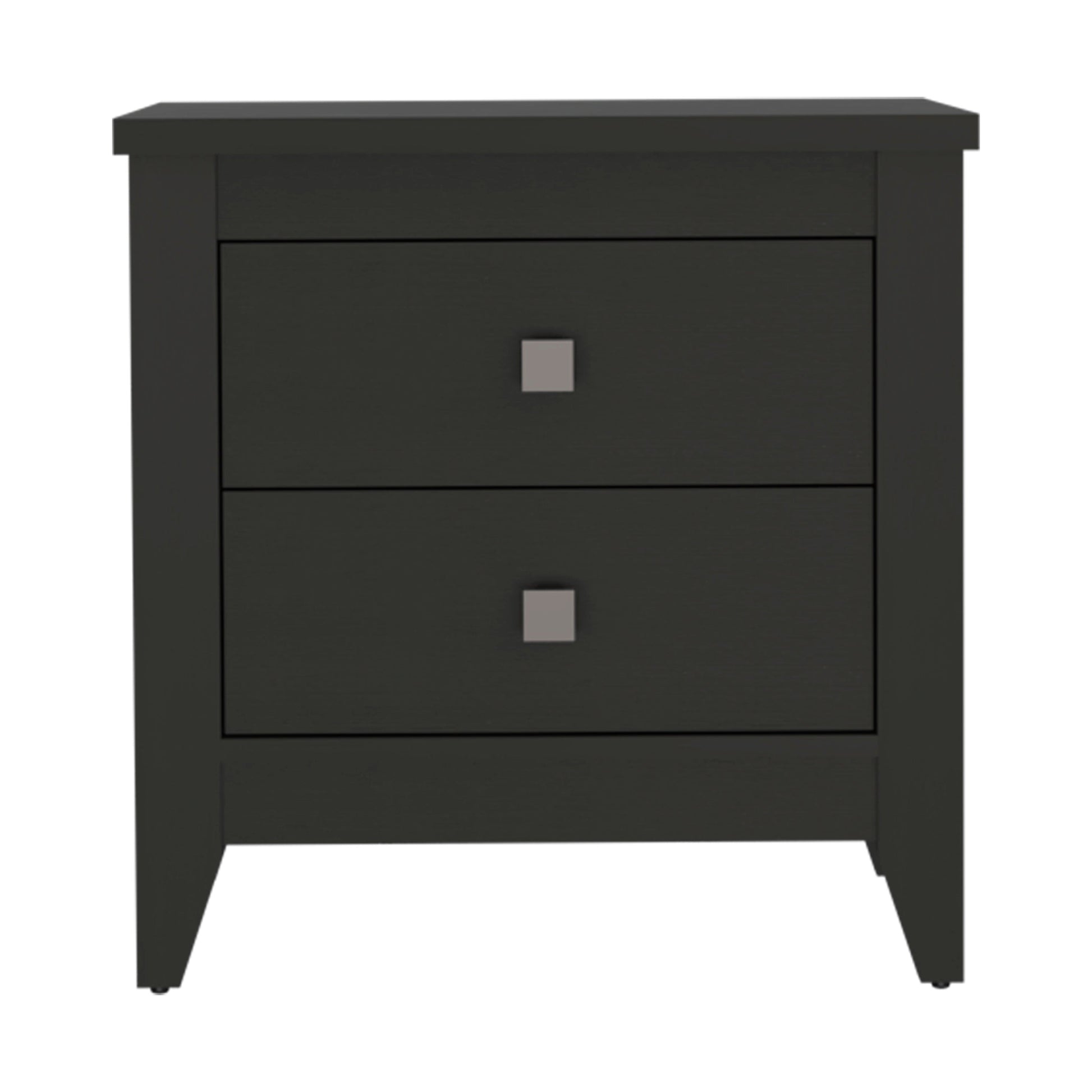 Dark grey modern nightstand with two drawers and silver square pulls ideal for bedroom storage