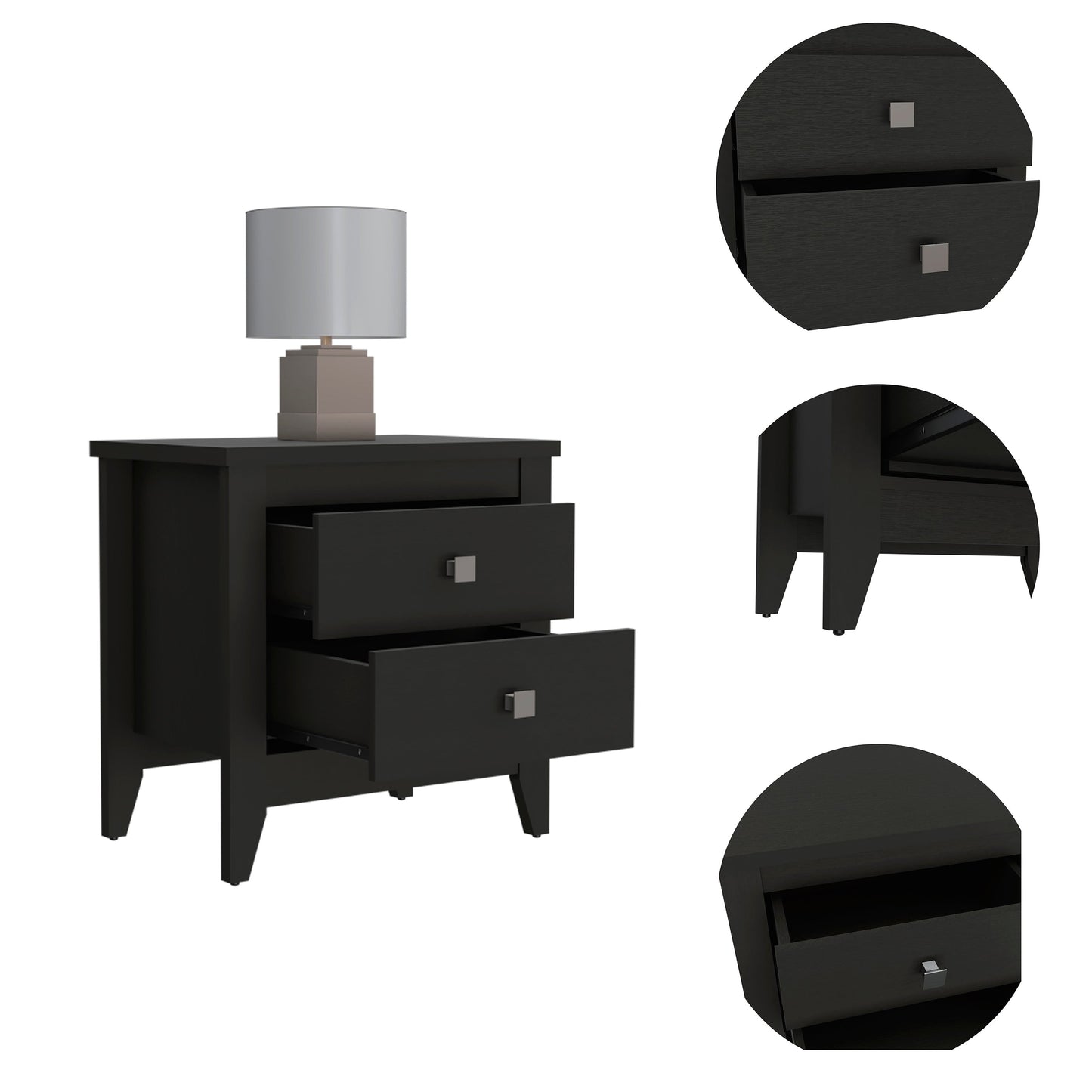 Dark wood nightstand with two drawers and silver square pulls ideal for bedroom storage