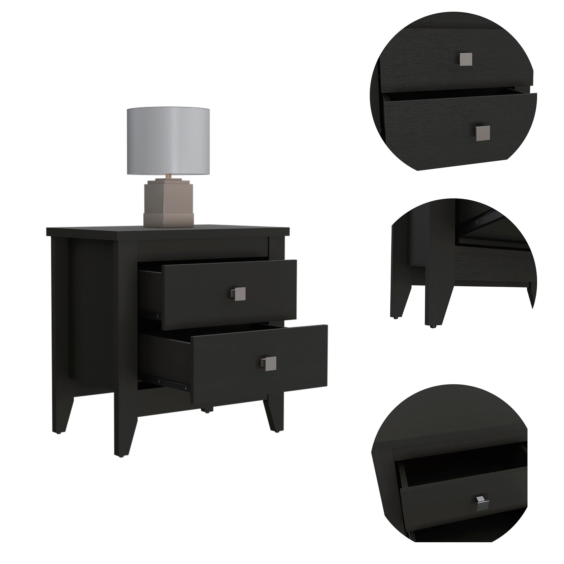 Dark wood nightstand with two drawers and silver square pulls ideal for bedroom storage
