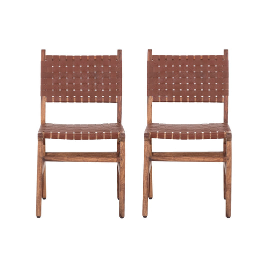 Two rustic brown leather woven dining chairs with wooden frames on white background