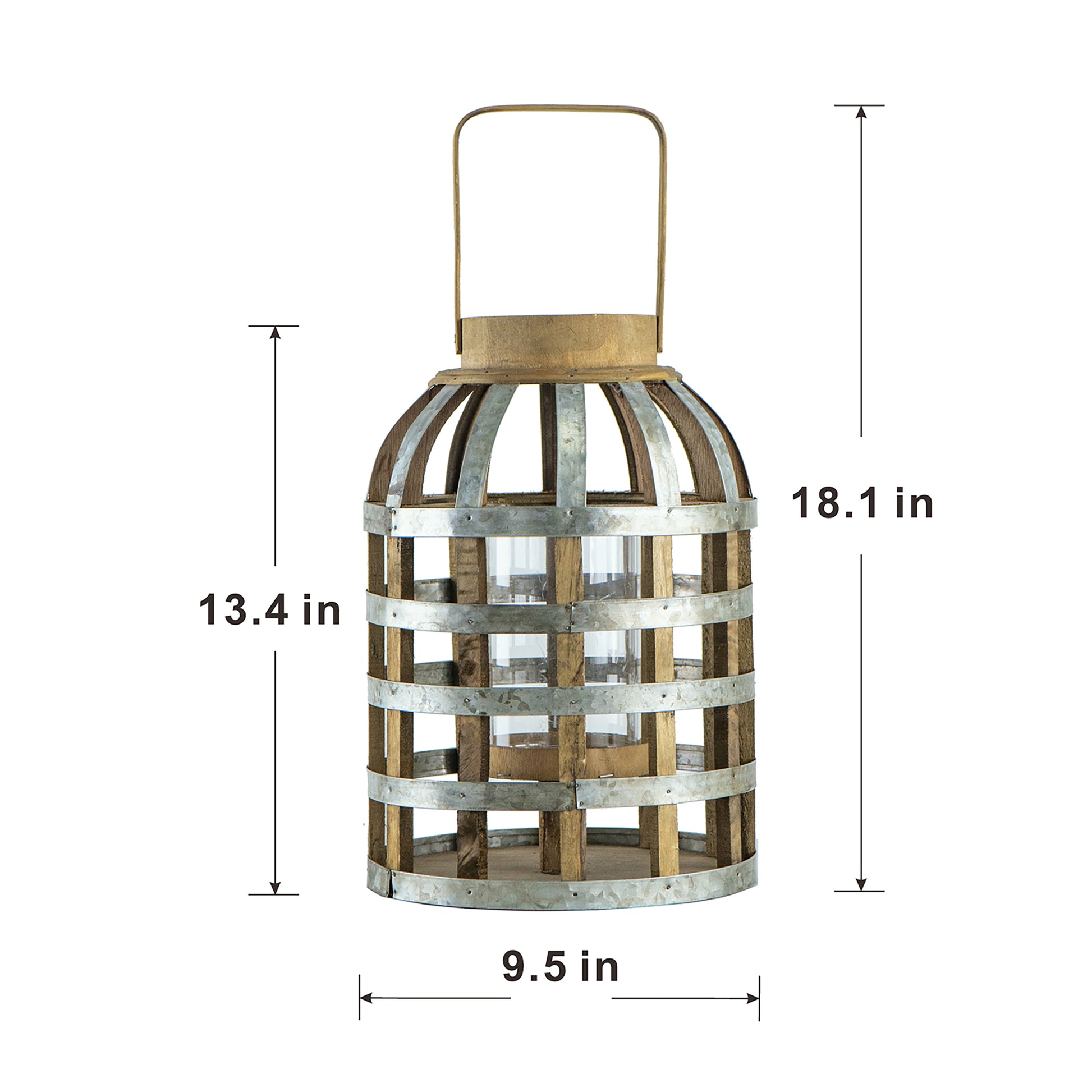 Rustic wooden lantern with metal bands featuring a glass cylinder holder and metal handle