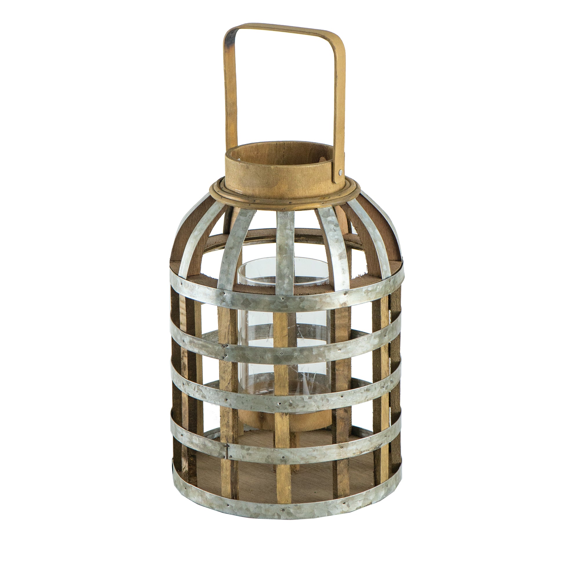 Rustic wooden and metal barrel lantern with glass cylinder holder