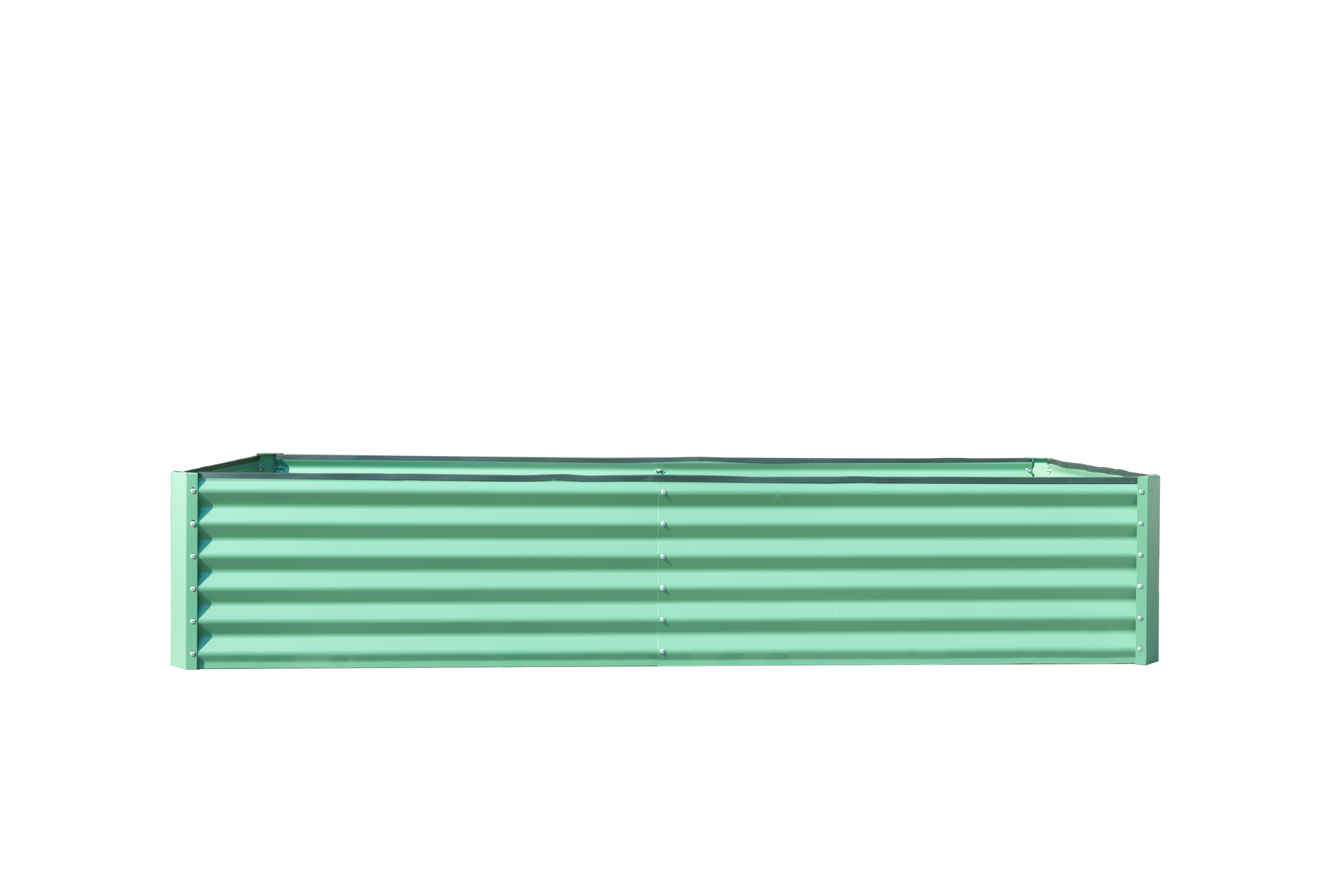 Mint green corrugated metal raised garden bed for backyard planting
