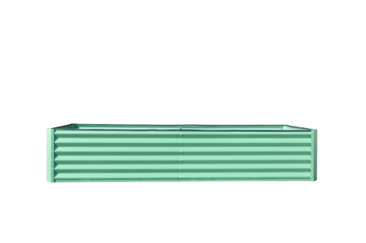 Mint green corrugated metal raised garden bed for backyard planting