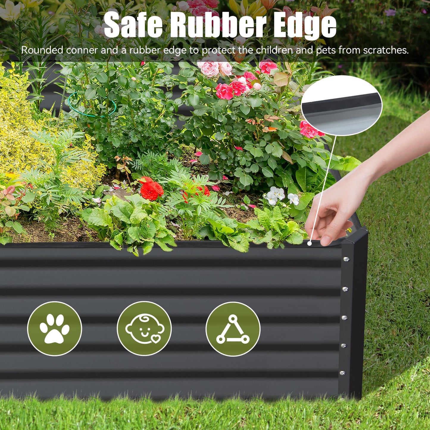 Dark gray corrugated metal raised garden bed with safe rubber edge detail
