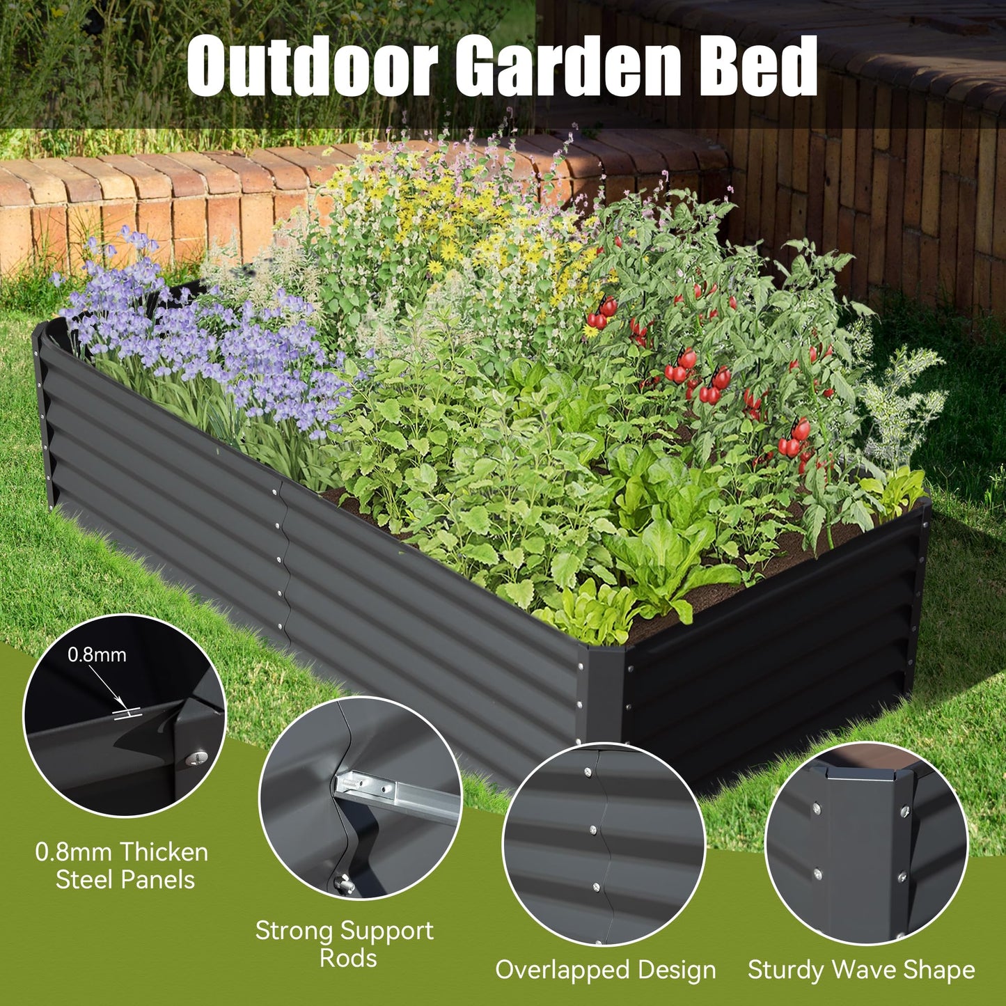 Dark gray corrugated steel raised garden bed with lush plants and flowers