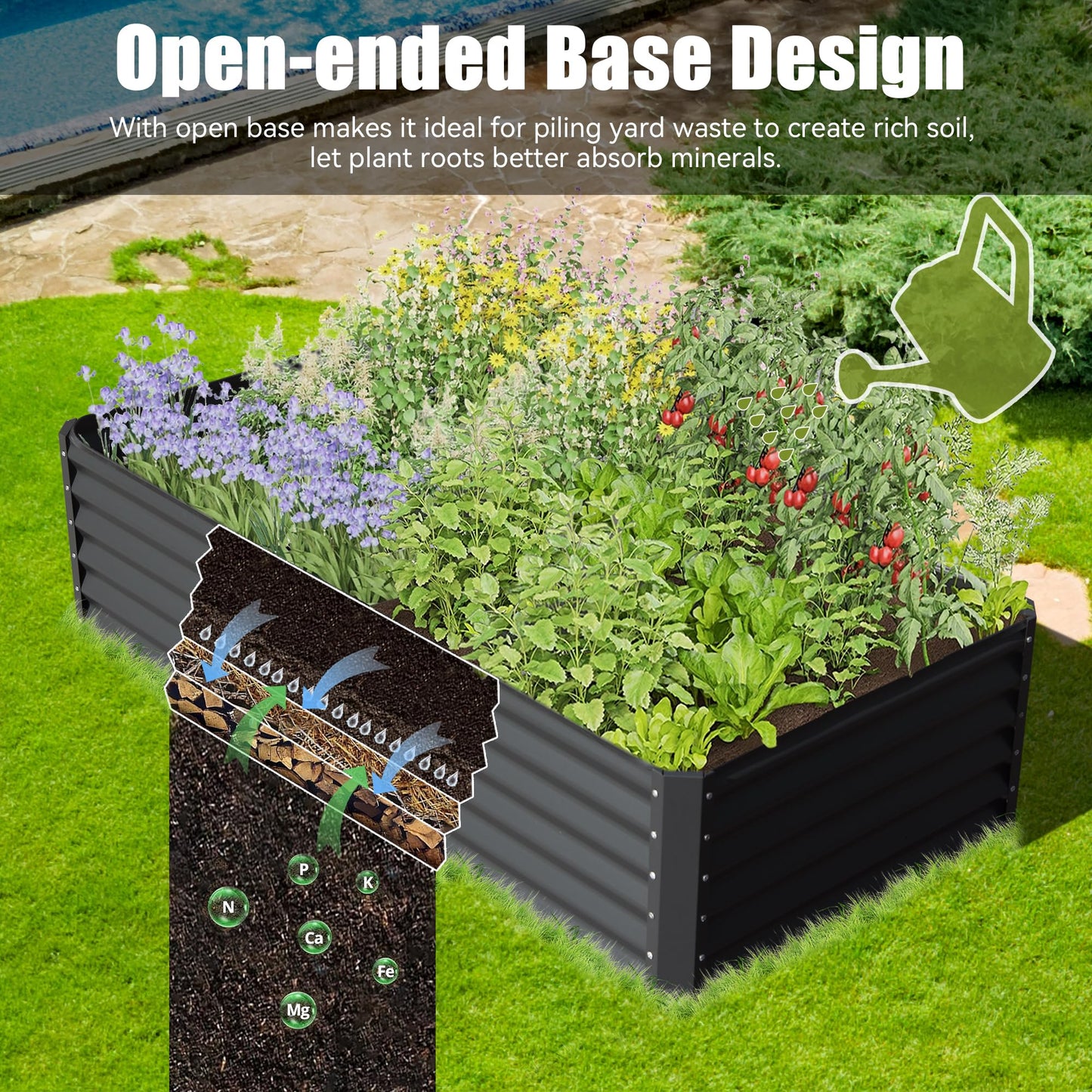 Black metal raised garden bed overflowing with lush green plants and vegetables