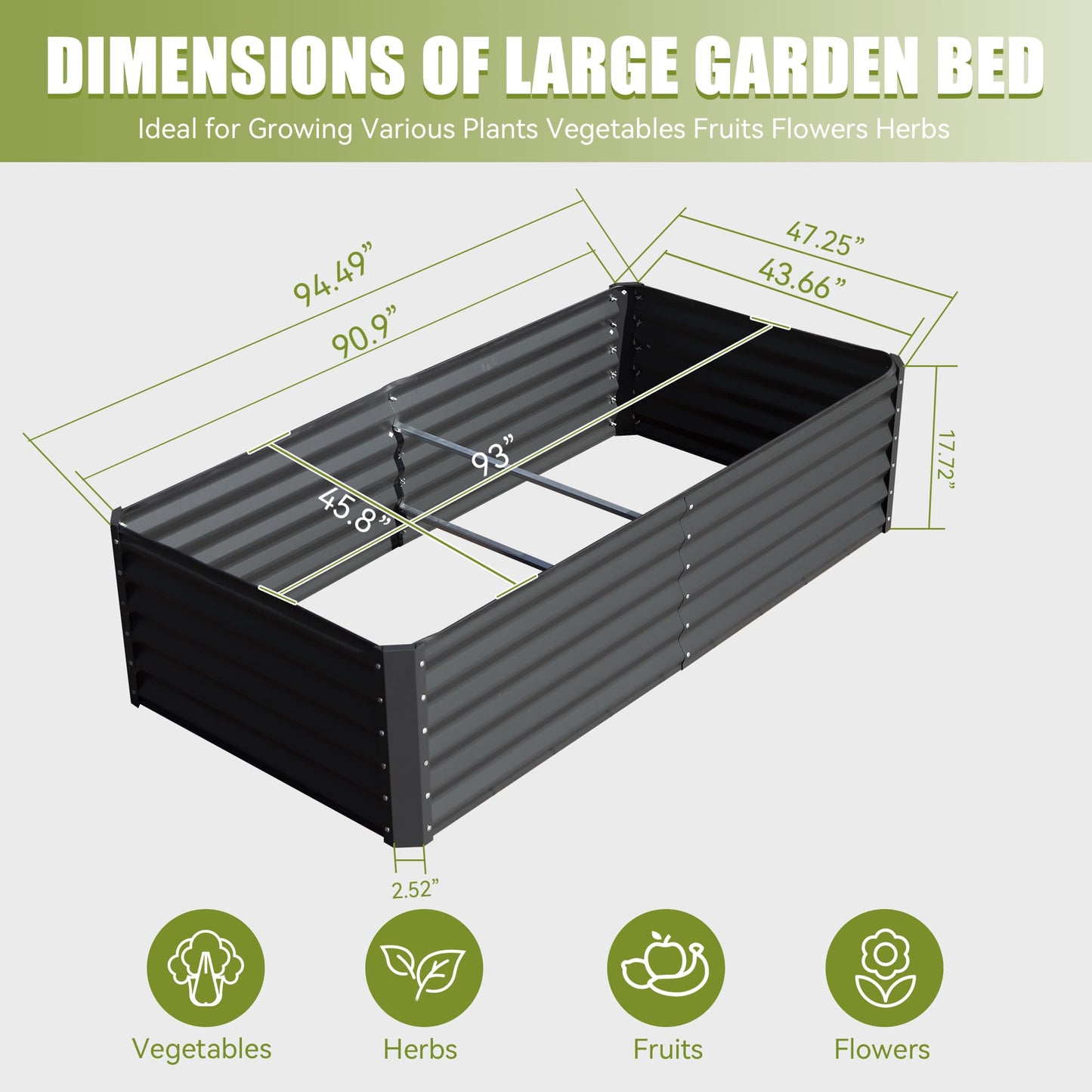 Large black metal garden bed with dimensions displayed ideal for vegetables