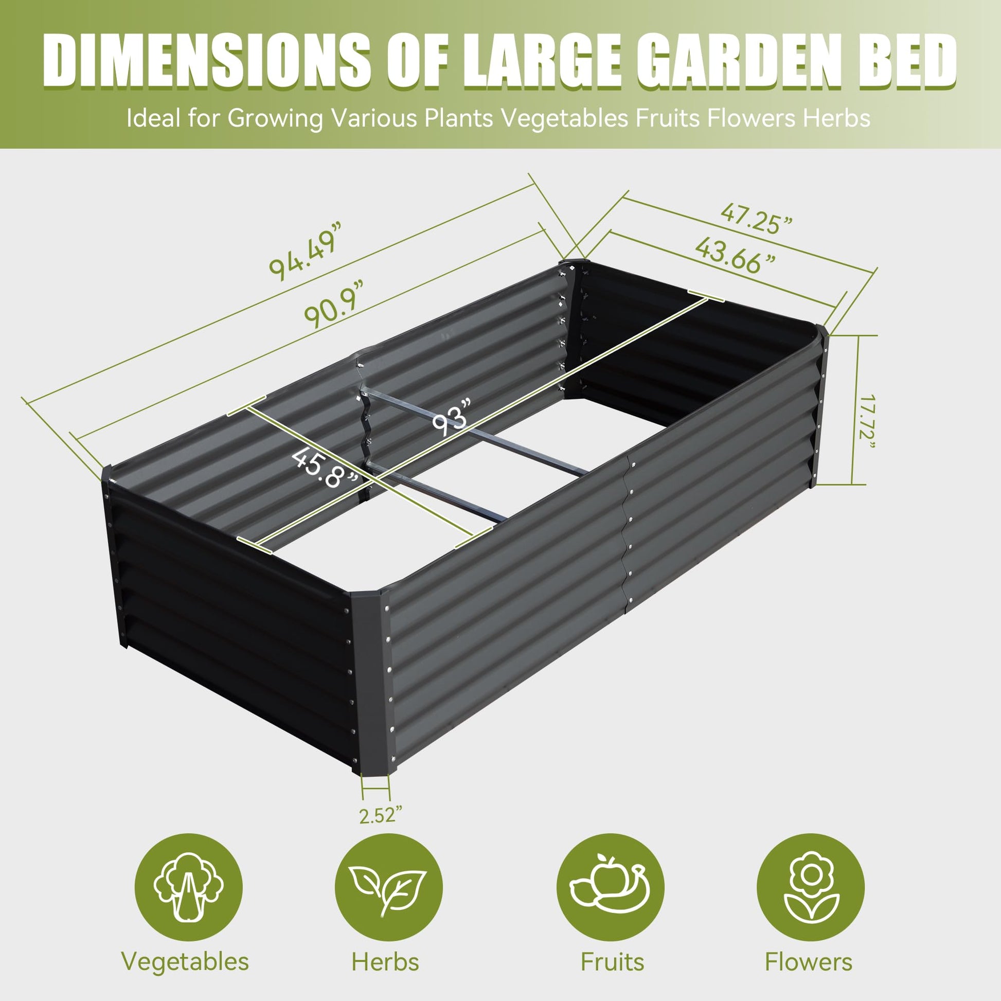 Large black metal garden bed with dimensions displayed ideal for vegetables