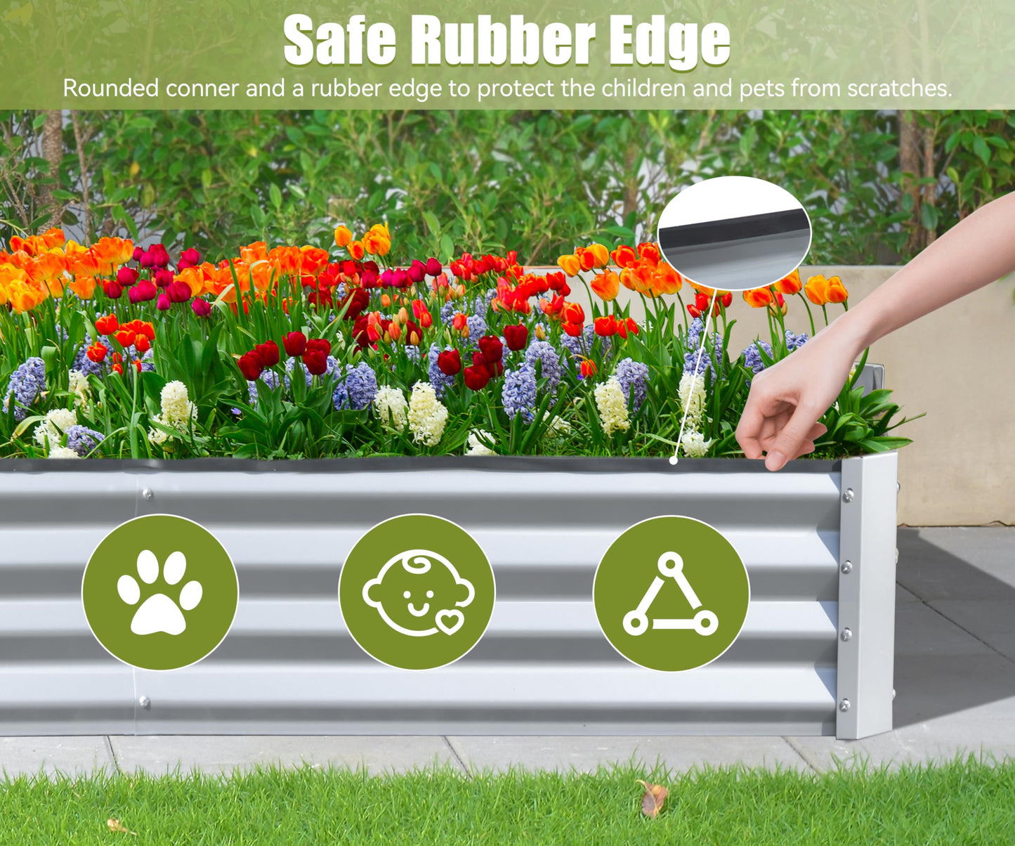 Silver corrugated metal raised garden bed with safe rubber edge and colorful tulips