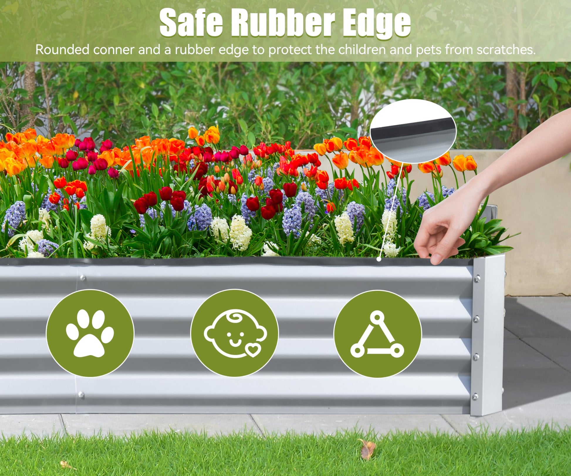 Silver corrugated metal raised garden bed with safe rubber edge and colorful tulips