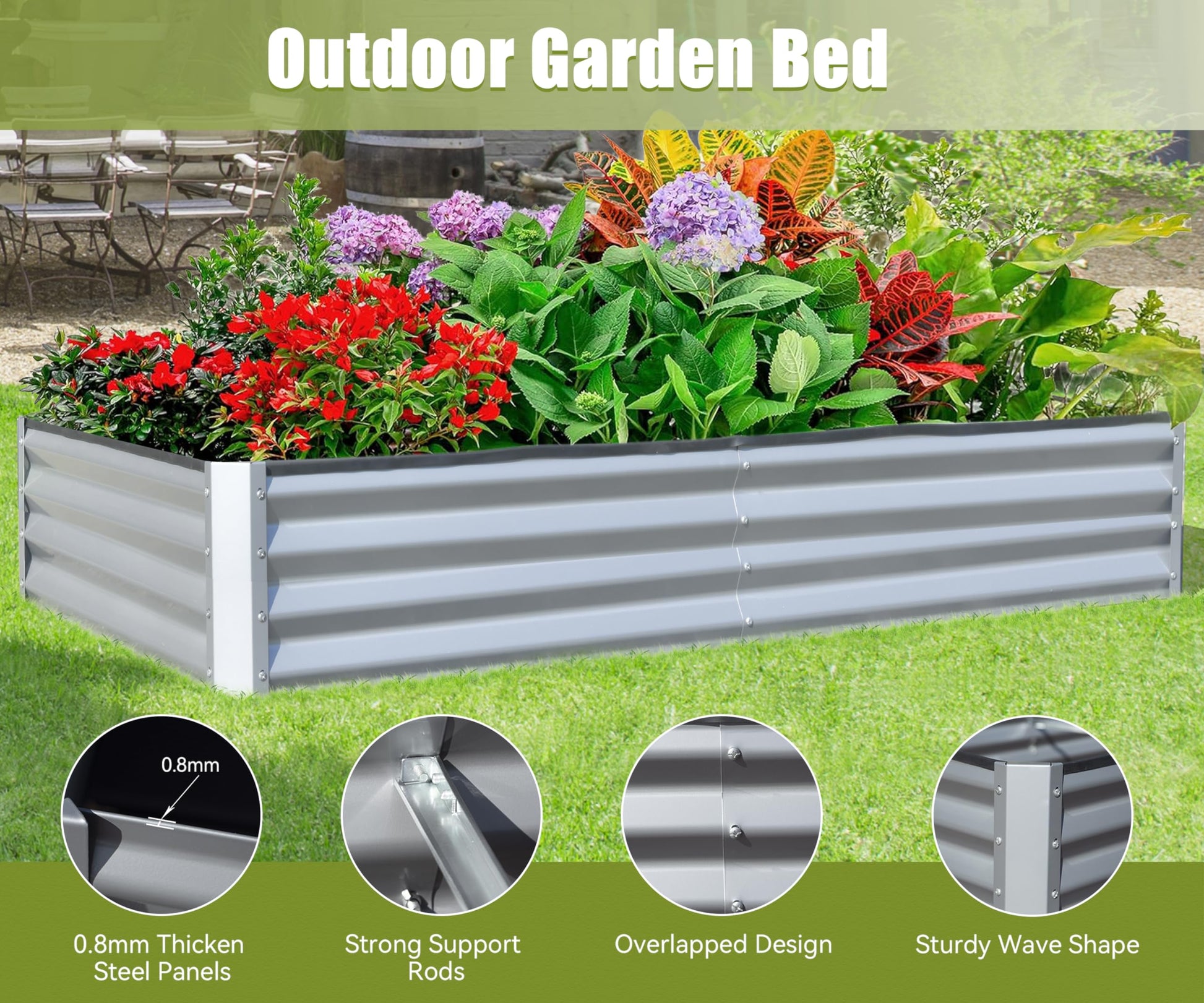 Gray corrugated metal outdoor garden bed with vibrant flowers