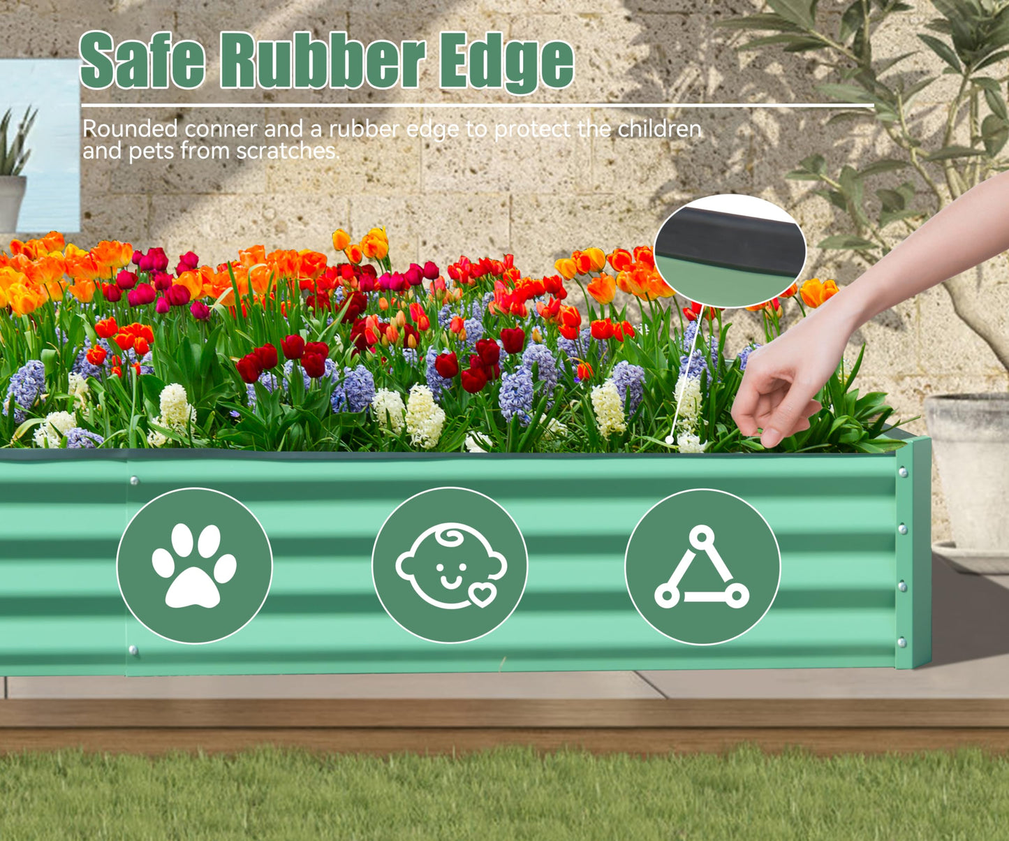 Mint green corrugated metal raised garden bed with safe rubber edge detail