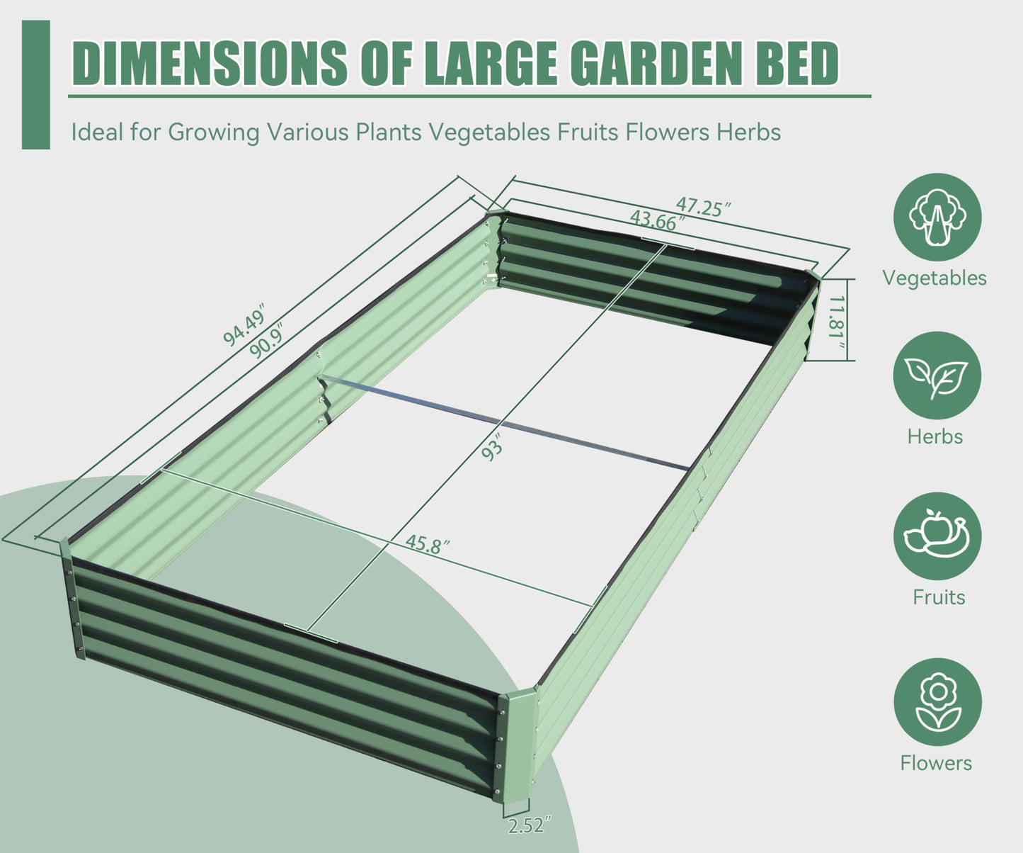 Green corrugated metal raised garden bed with dimensions for vegetables fruits and flowers