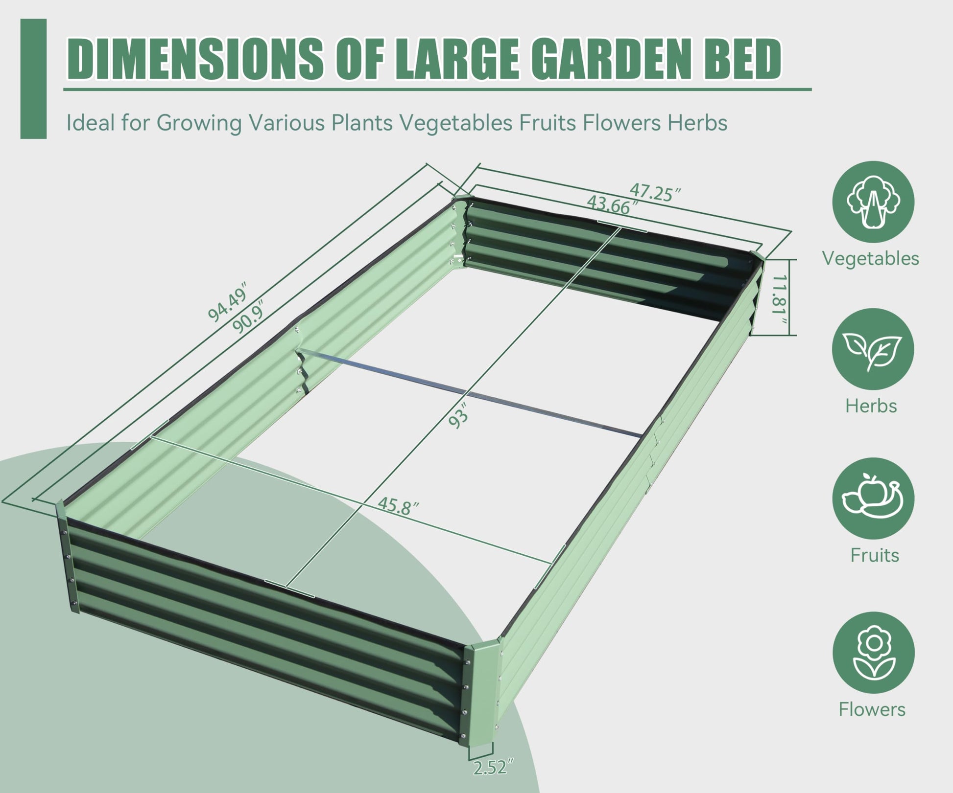Green corrugated metal raised garden bed with dimensions for vegetables fruits and flowers