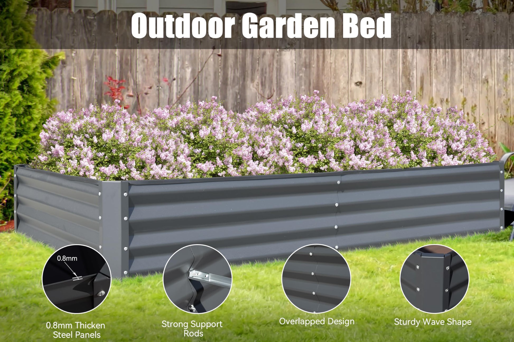 Dark grey metal raised garden bed with wave shape design filled with lilac bushes