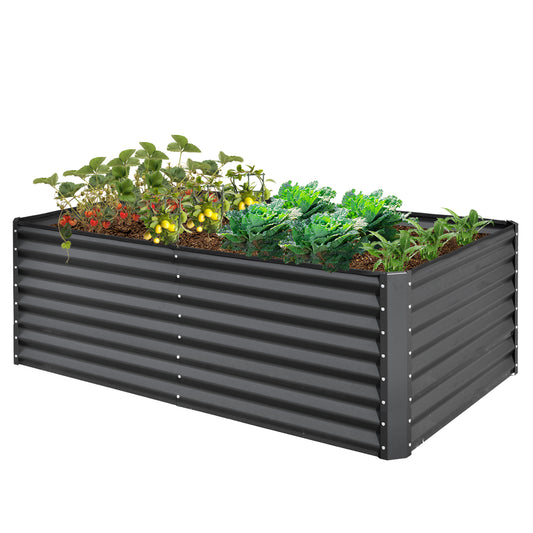 Rectangular corrugated metal garden bed in charcoal grey with strawberries tomatoes and leafy greens