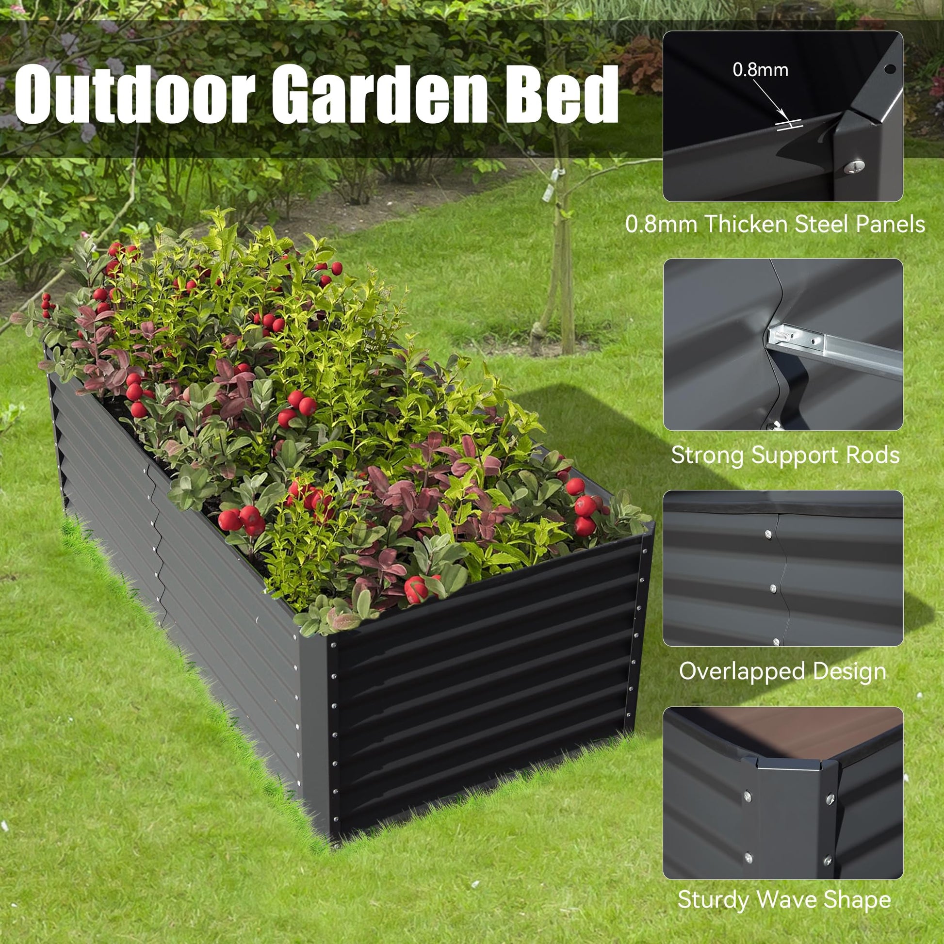 Dark gray corrugated metal outdoor garden bed filled with plants and red berries