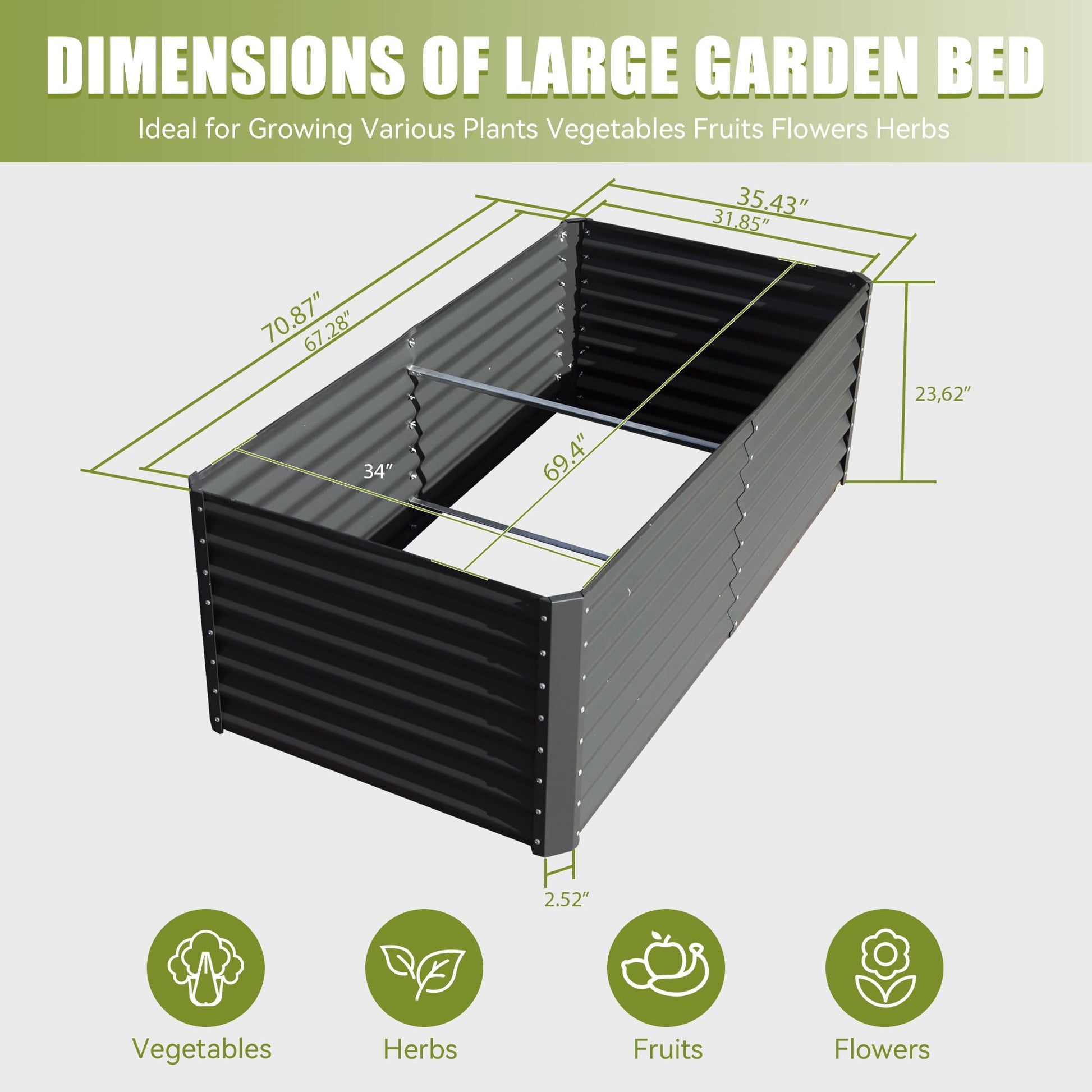 Large rectangular metal garden bed with corrugated panels in charcoal gray for growing vegetables