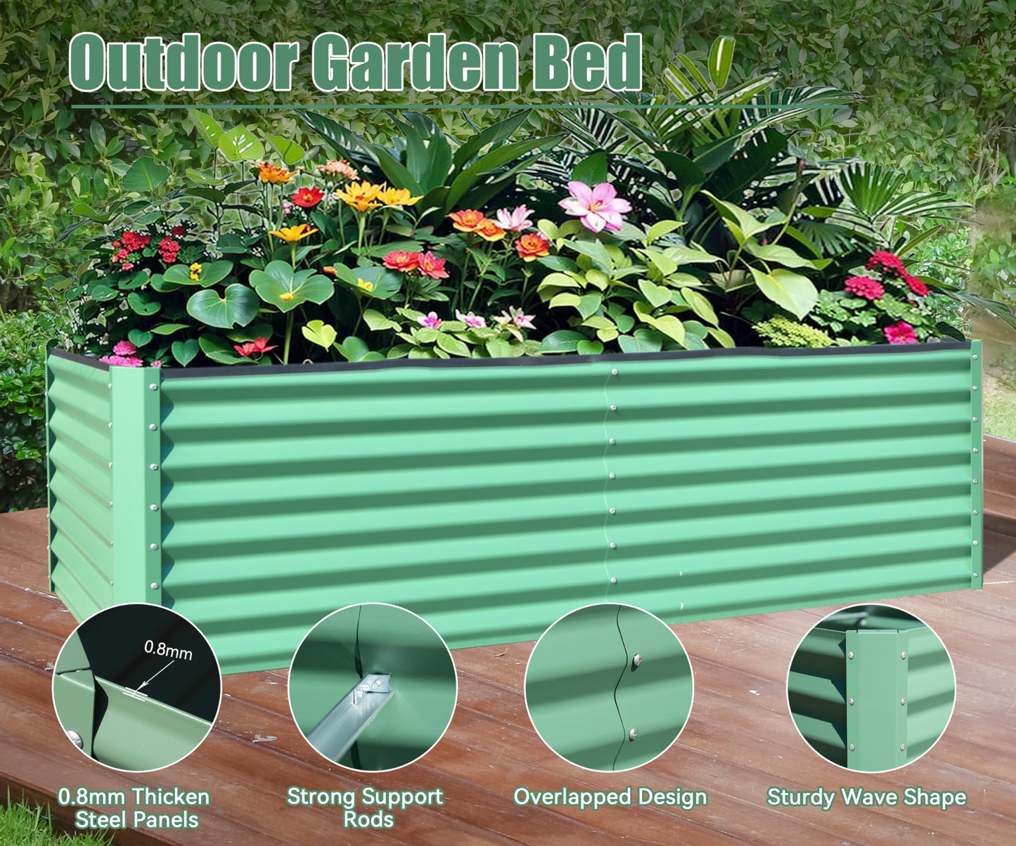 Green corrugated metal raised garden bed with vibrant flowers and lush foliage
