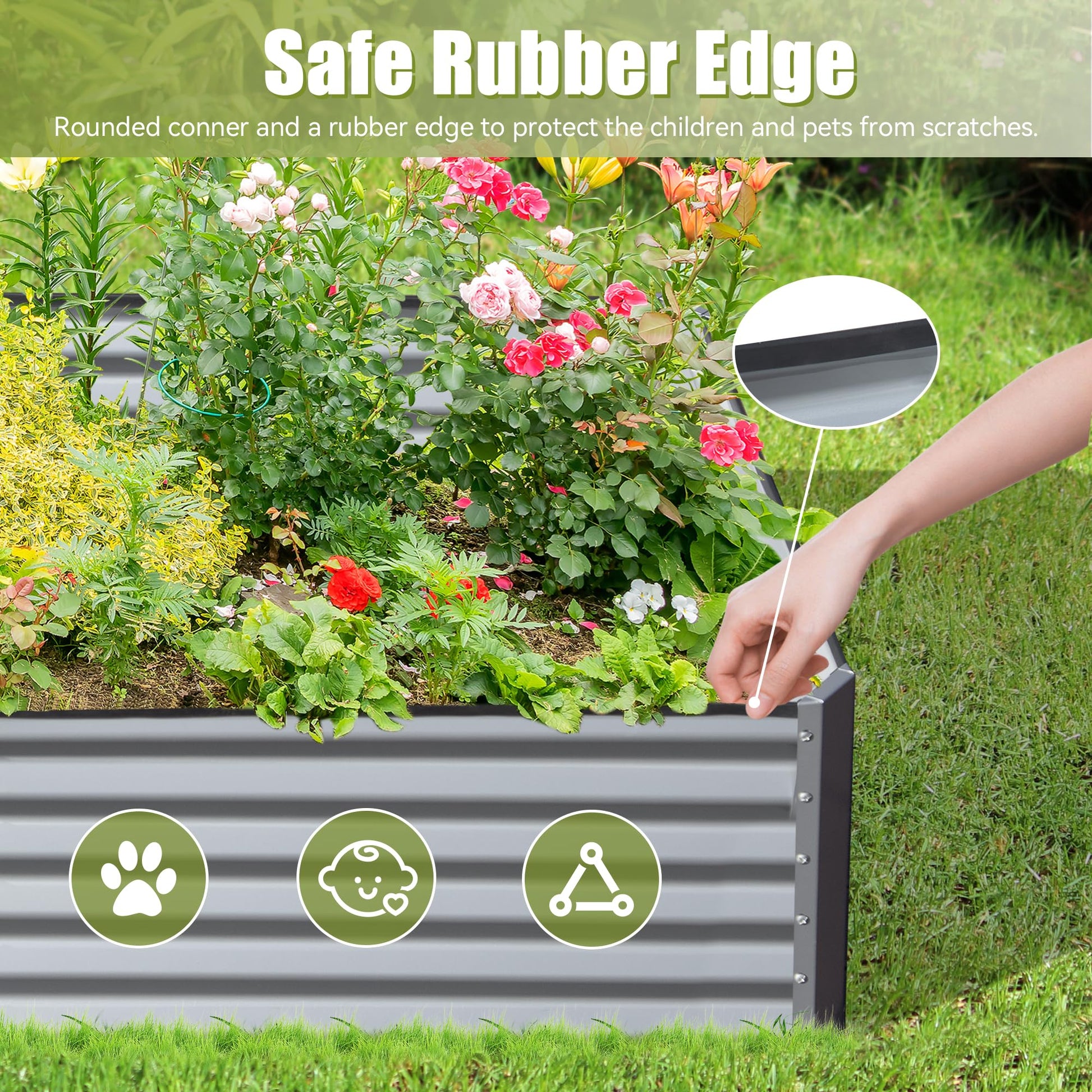 Raised garden bed with safe rubber edge featuring lush pink and red flowers