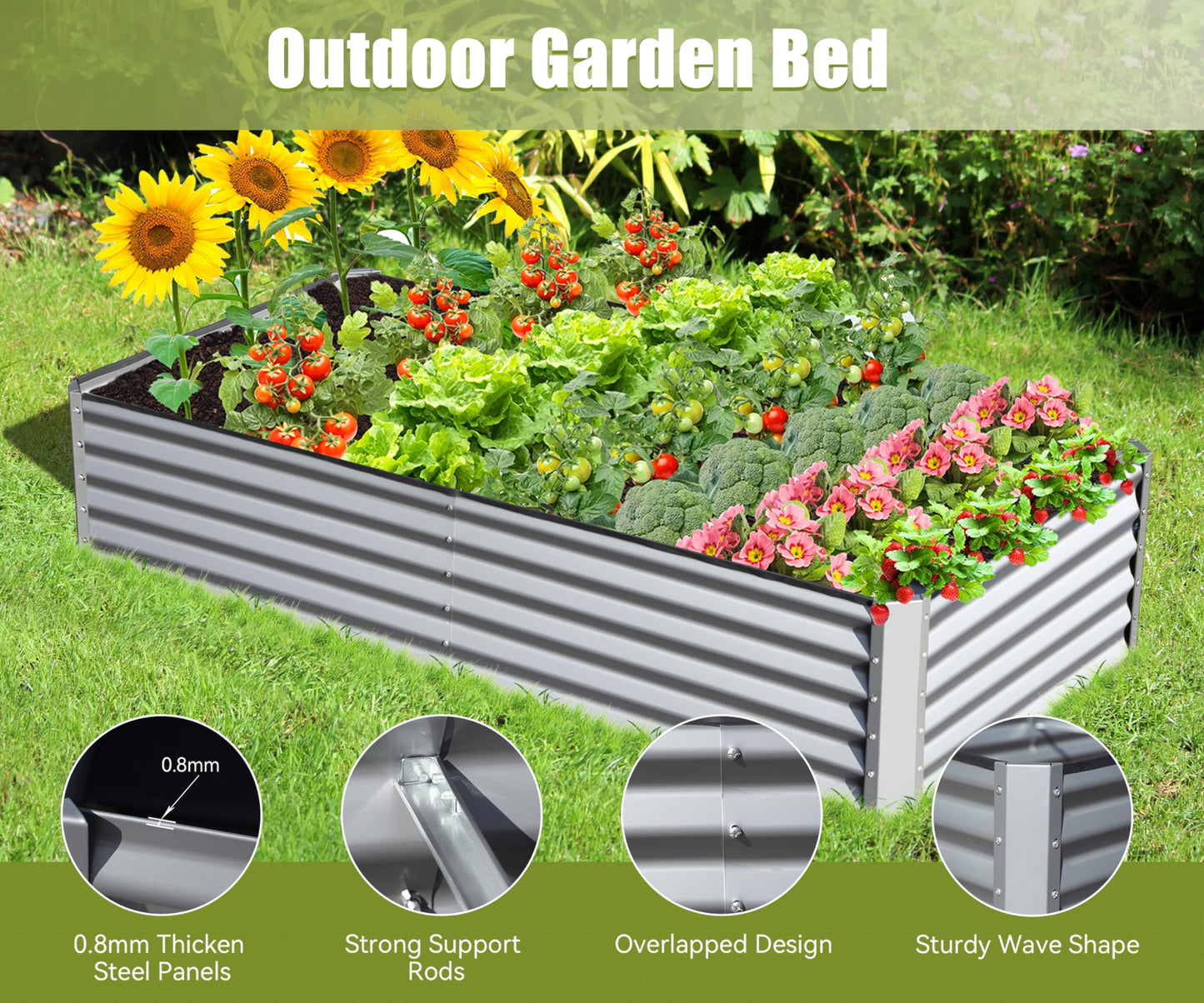 Corrugated metal raised garden bed with sunflowers tomatoes lettuce broccoli flowers and strawberries