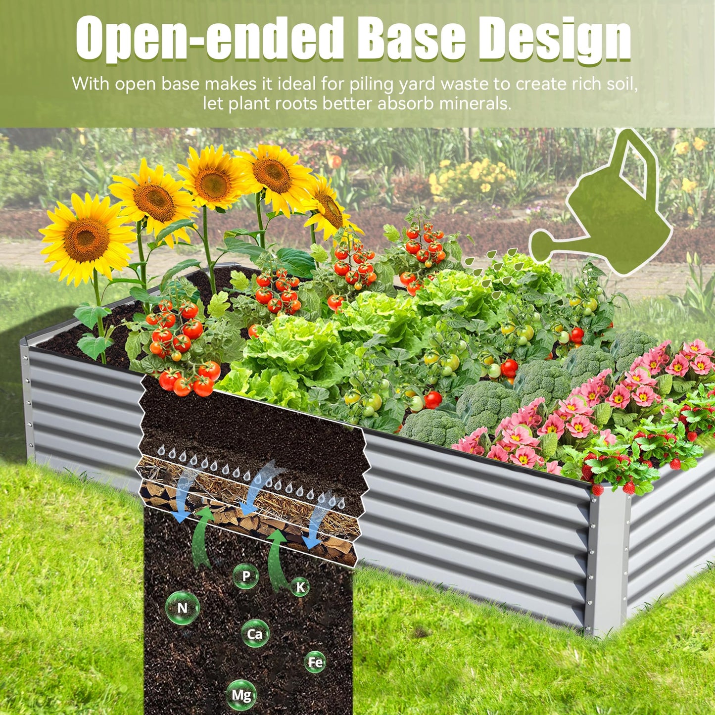 A grey corrugated metal raised garden bed overflows with vibrant sunflowers tomatoes lettuce broccoli flowers and strawberries