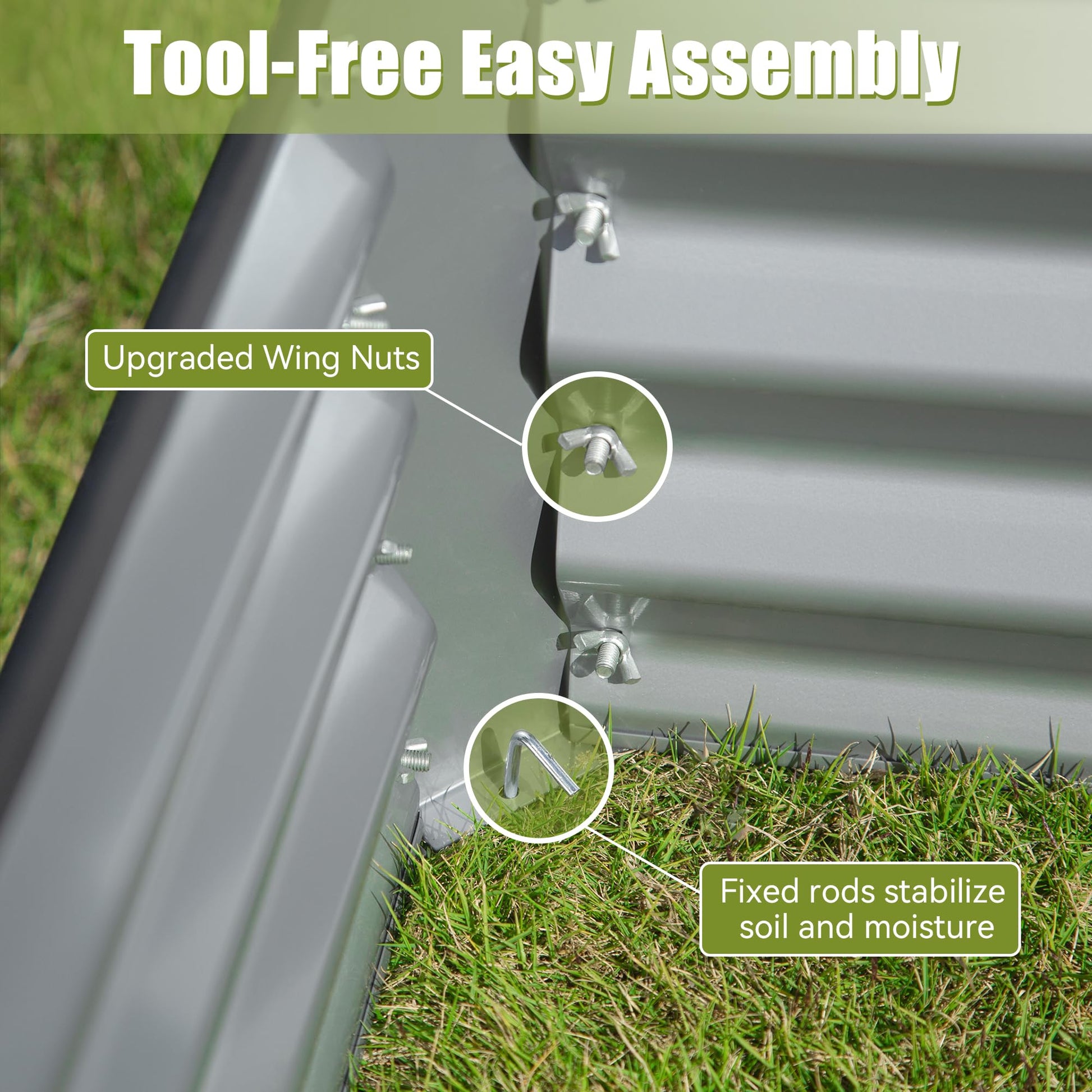 Close up of grey metal raised garden bed with upgraded wing nuts for easy assembly