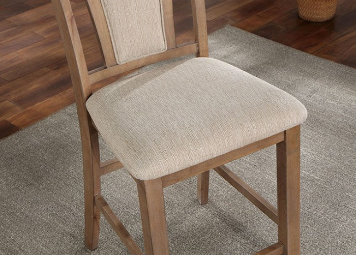Natural wood counter stool with beige linen upholstered seat