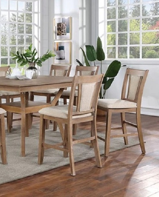 Rustic oak counter height chairs with upholstered seats in a dining room setting