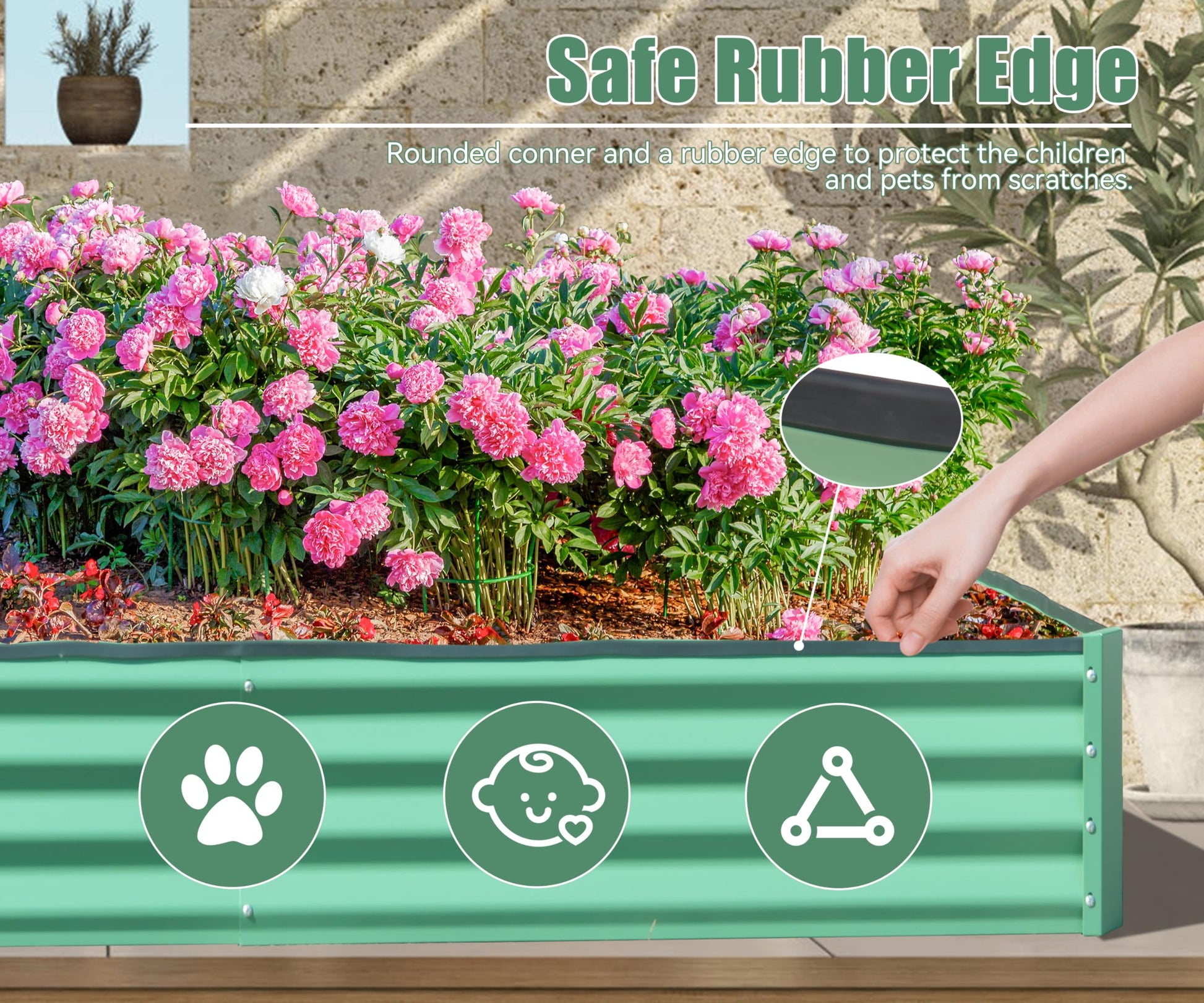 Teal corrugated metal raised garden bed with safe rubber edge and rounded corners