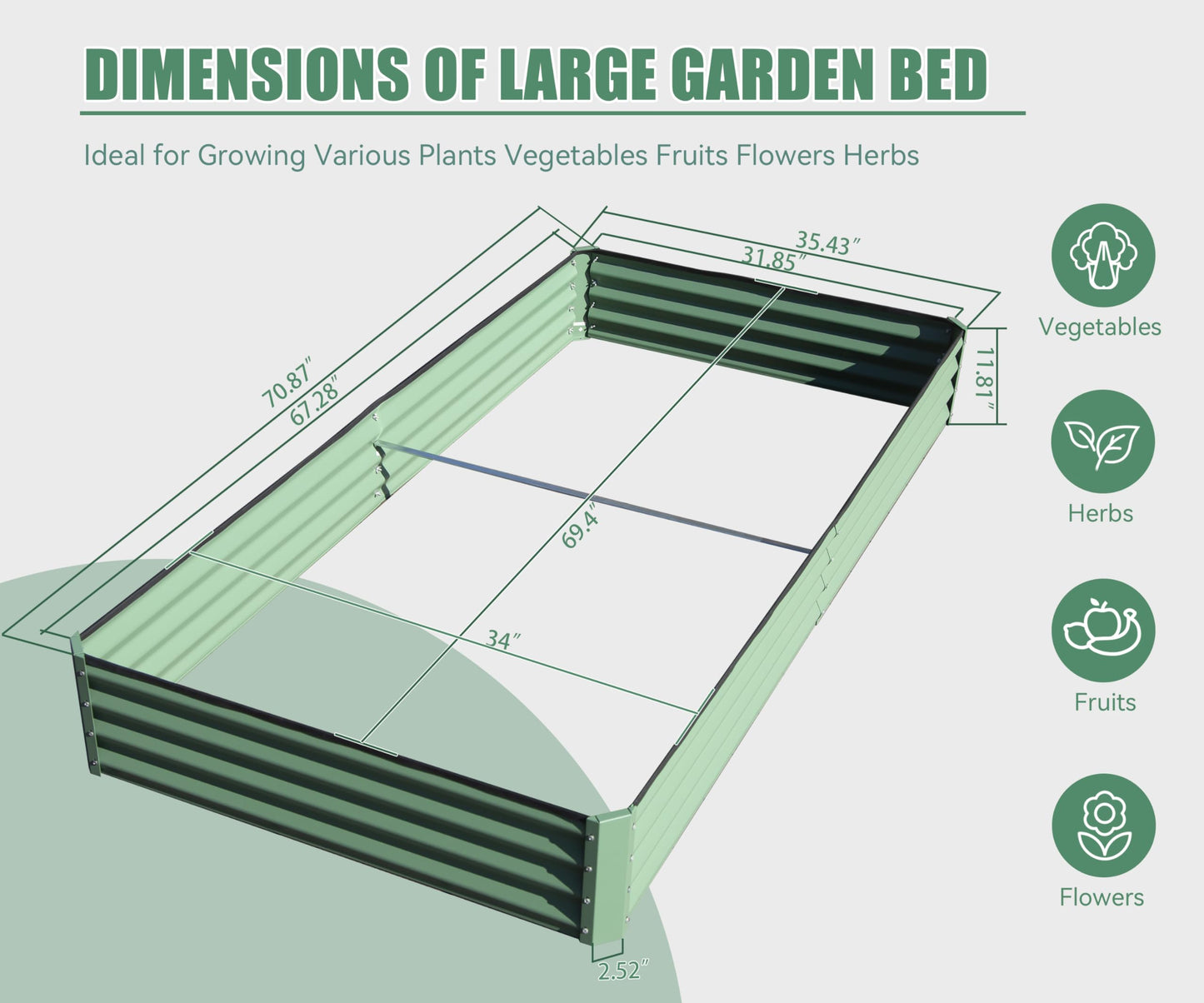 Green corrugated metal garden bed with dimensions  x  x  ideal for vegetables
