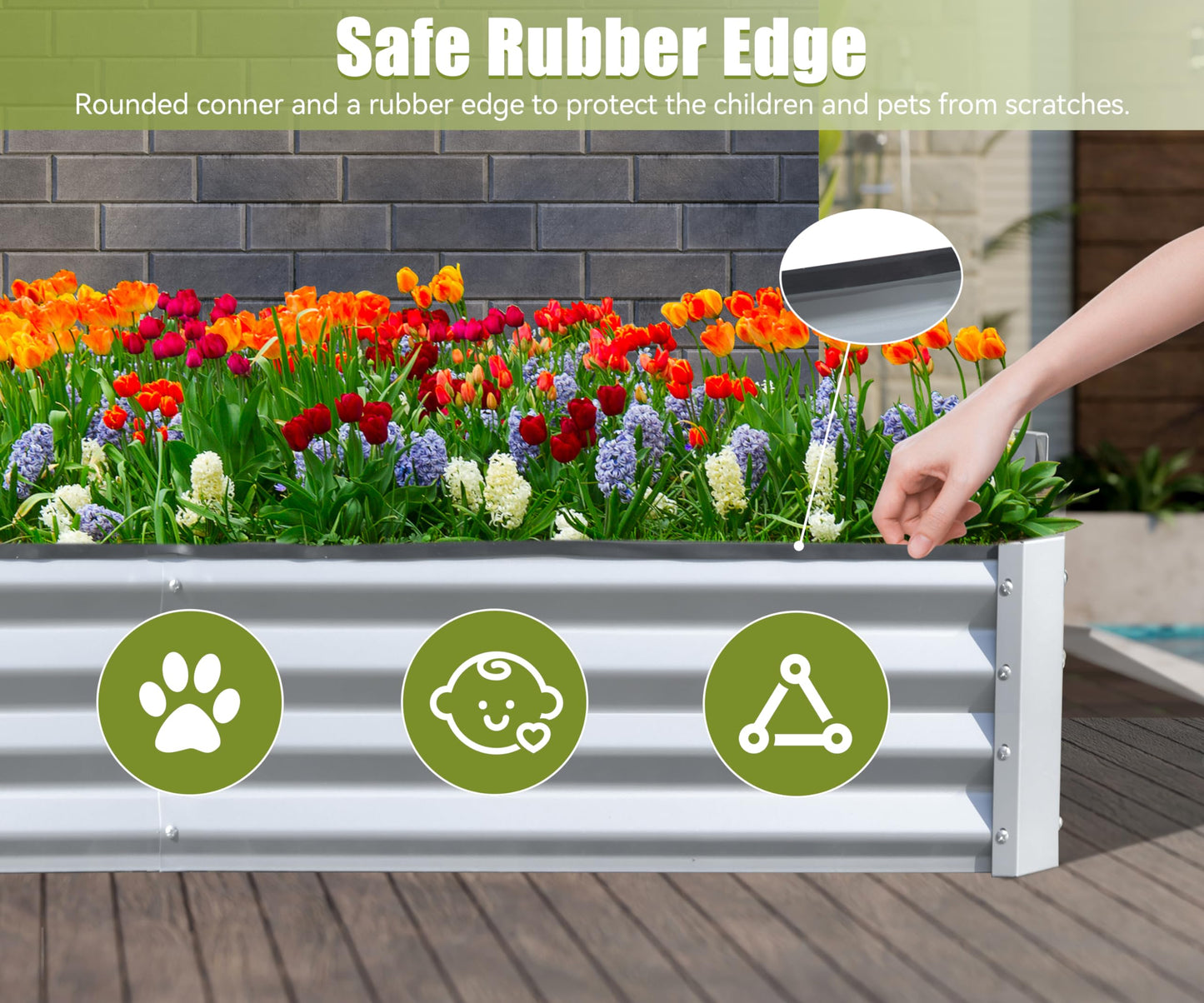 Galvanized steel raised garden bed with rounded edges and a safety rubber trim