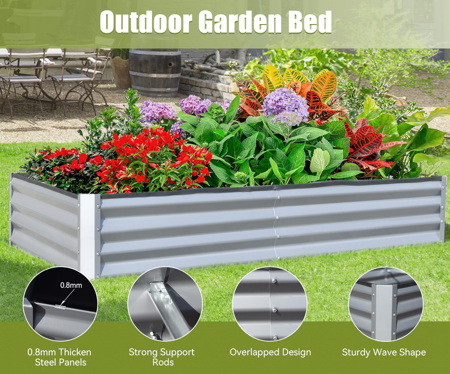 Galvanized steel outdoor garden bed with vibrant red and purple flowers